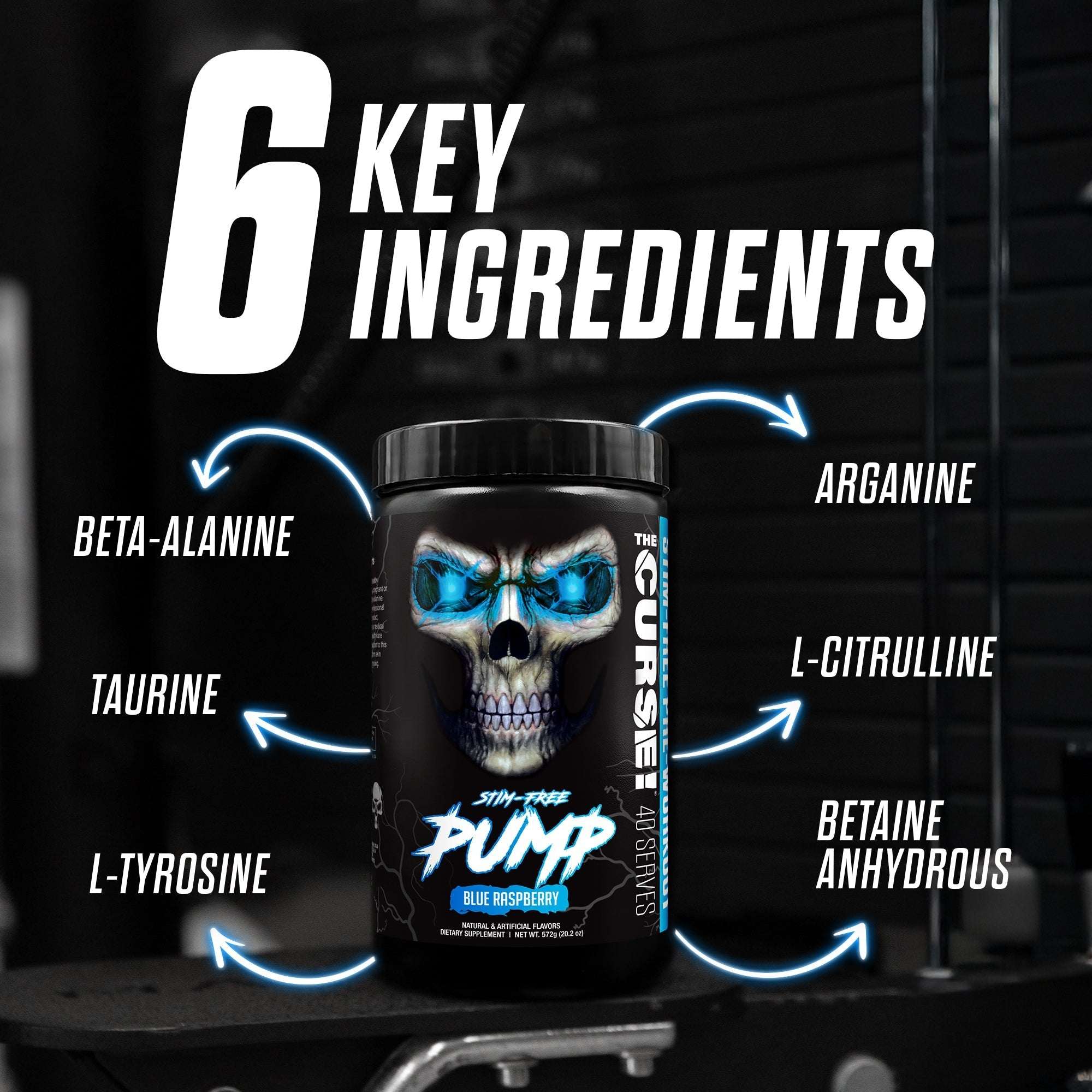 The Curse! Stim-Free Pump container in black with blue raspberry flavor label and skull graphic highlighting six key ingredients