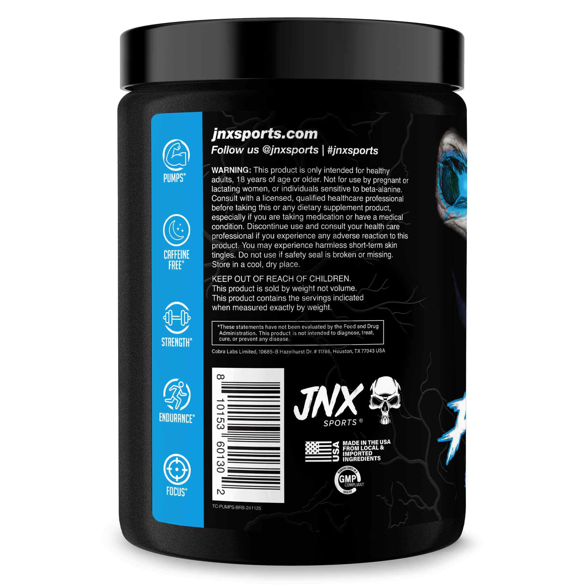 The Curse! Stim-Free Pump black container with blue and white label highlighting stimulant-free, caffeine-free muscle pump supplement