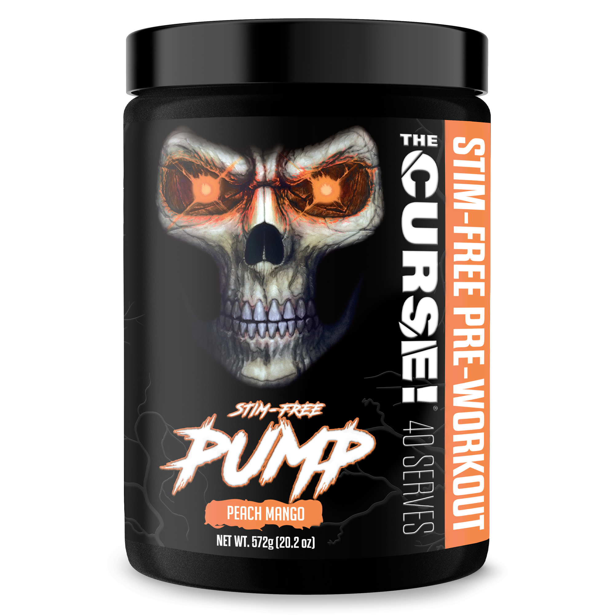The Curse! Stim-Free Pump black container with skull graphic, orange accents, peach mango flavor label, and stim-free pre-workout text
