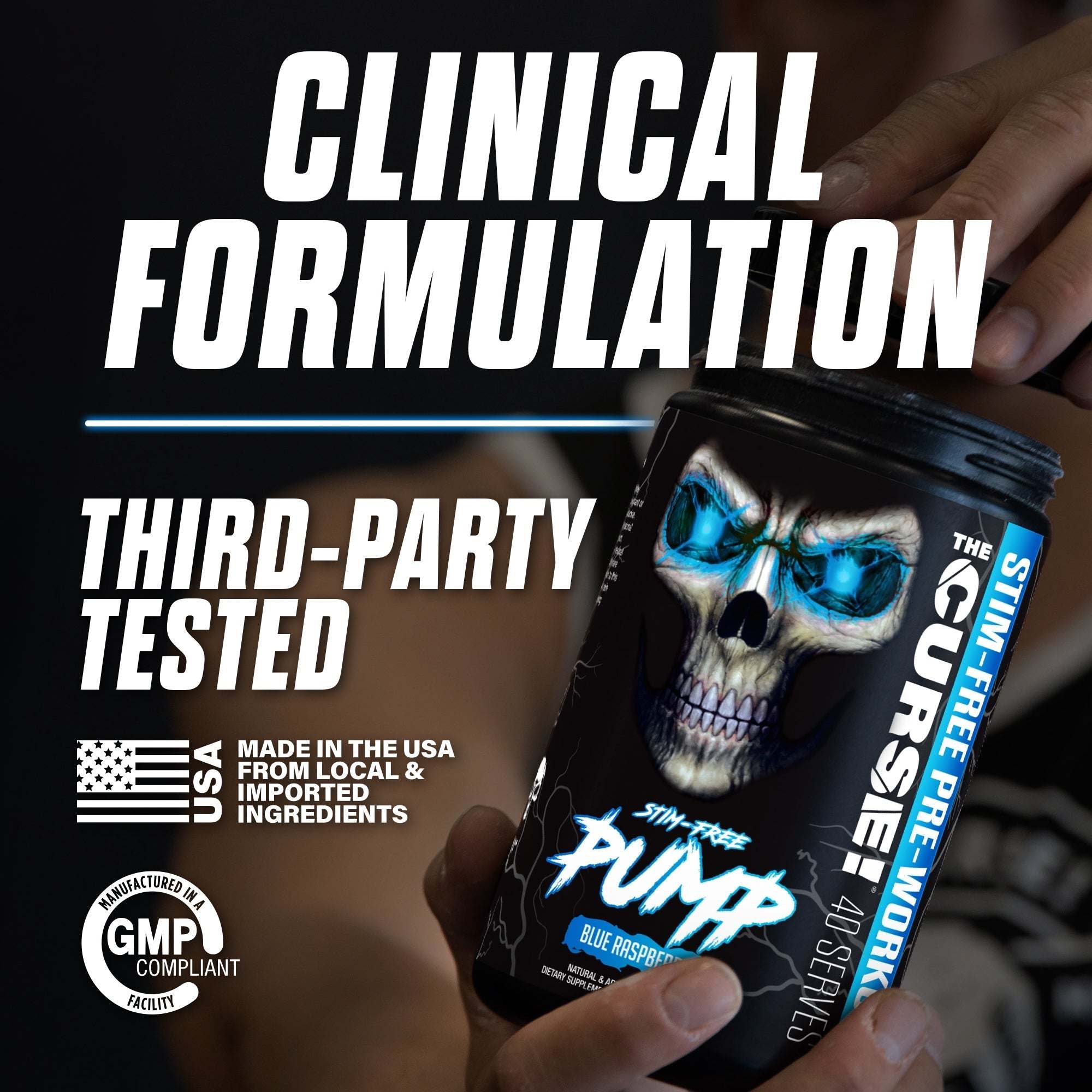 The Curse! Stim-Free Pump black supplement container with blue and white skull design held by muscular person promoting stimulant-free muscle pump support