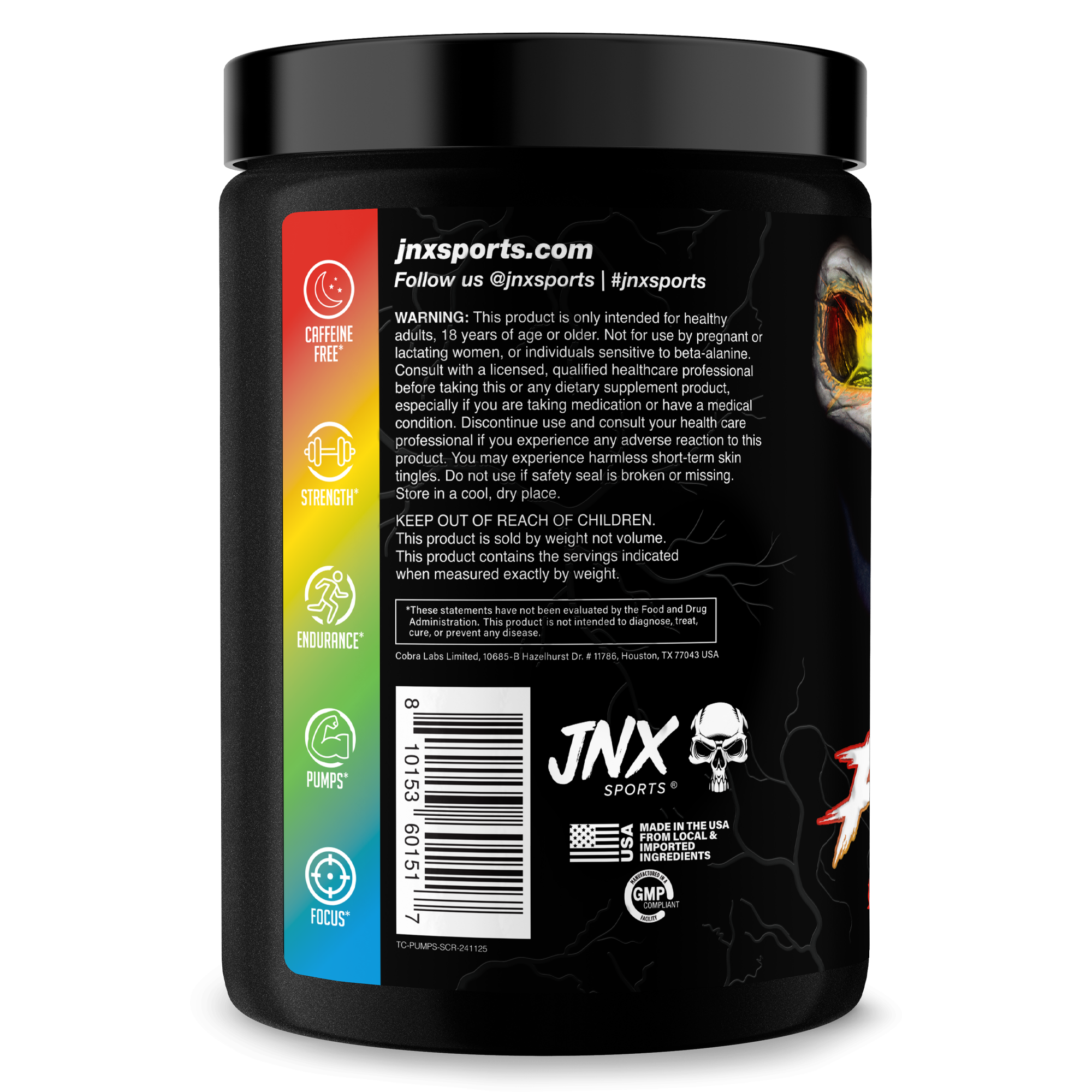 The Curse! Stim-Free Pump black supplement container with colorful caffeine free, strength, endurance, pumps, and focus icons