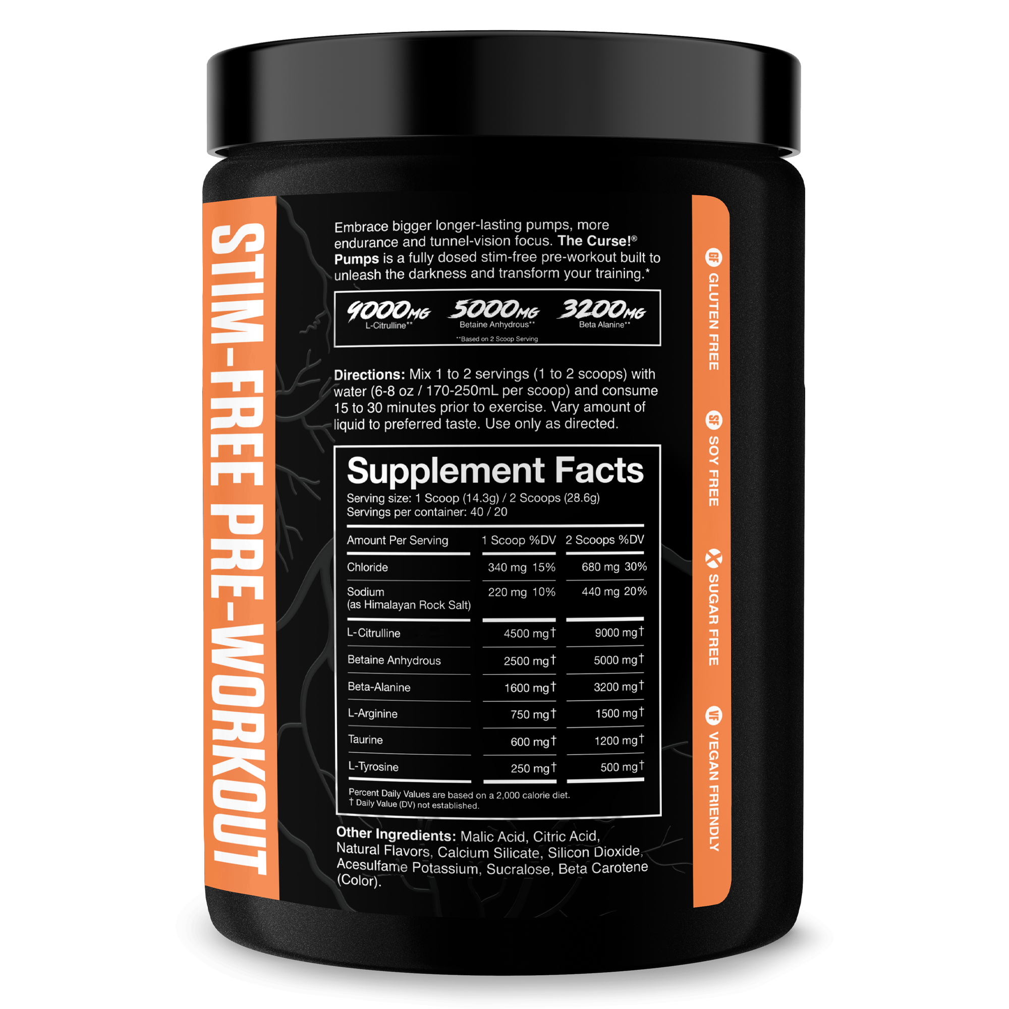 The Curse! Stim-Free Pump black supplement container with orange and white label showing stimulant-free pre-workout facts and ingredients