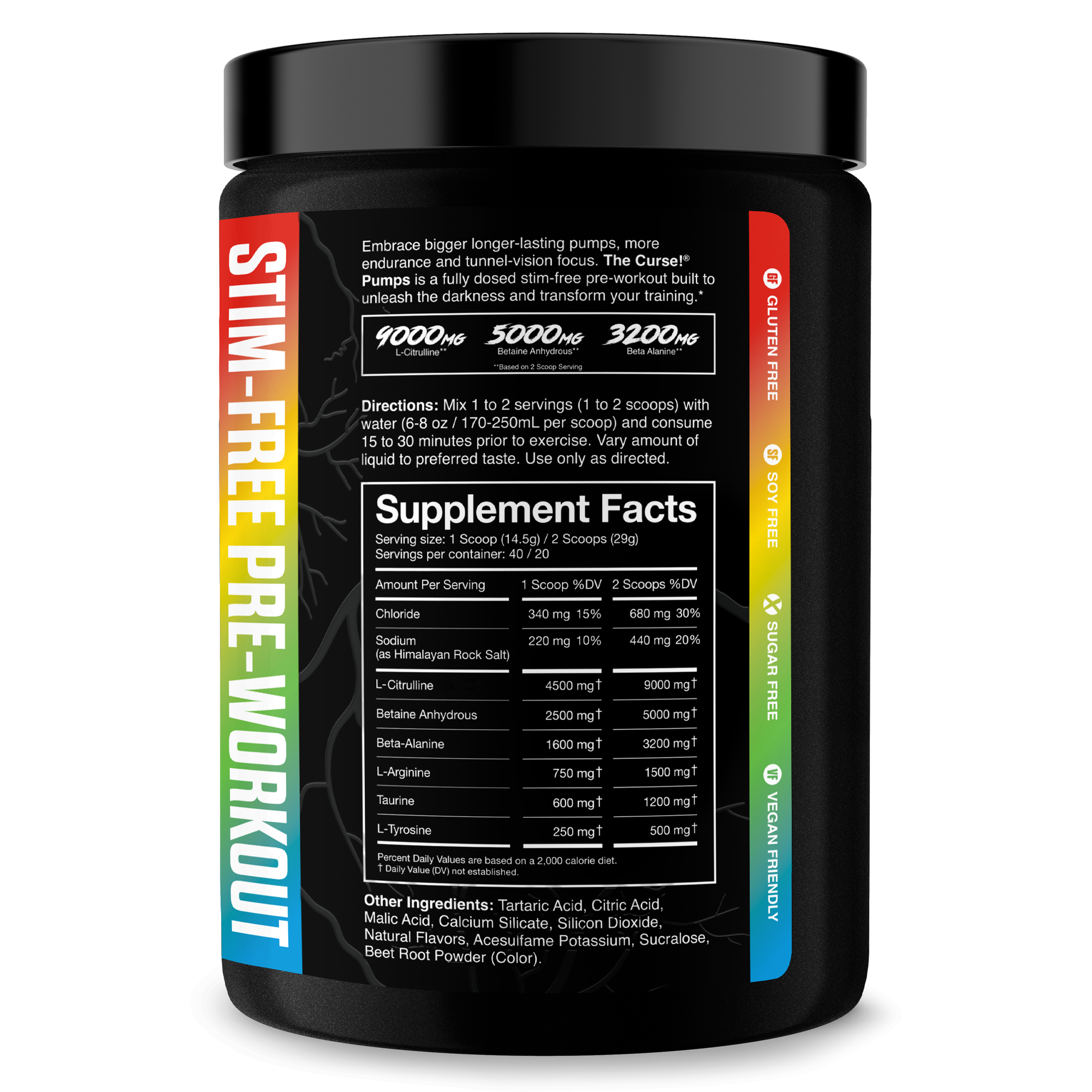 The Curse! Stim-Free Pump black supplement container with colorful label showing stimulant-free pre-workout information and supplement facts