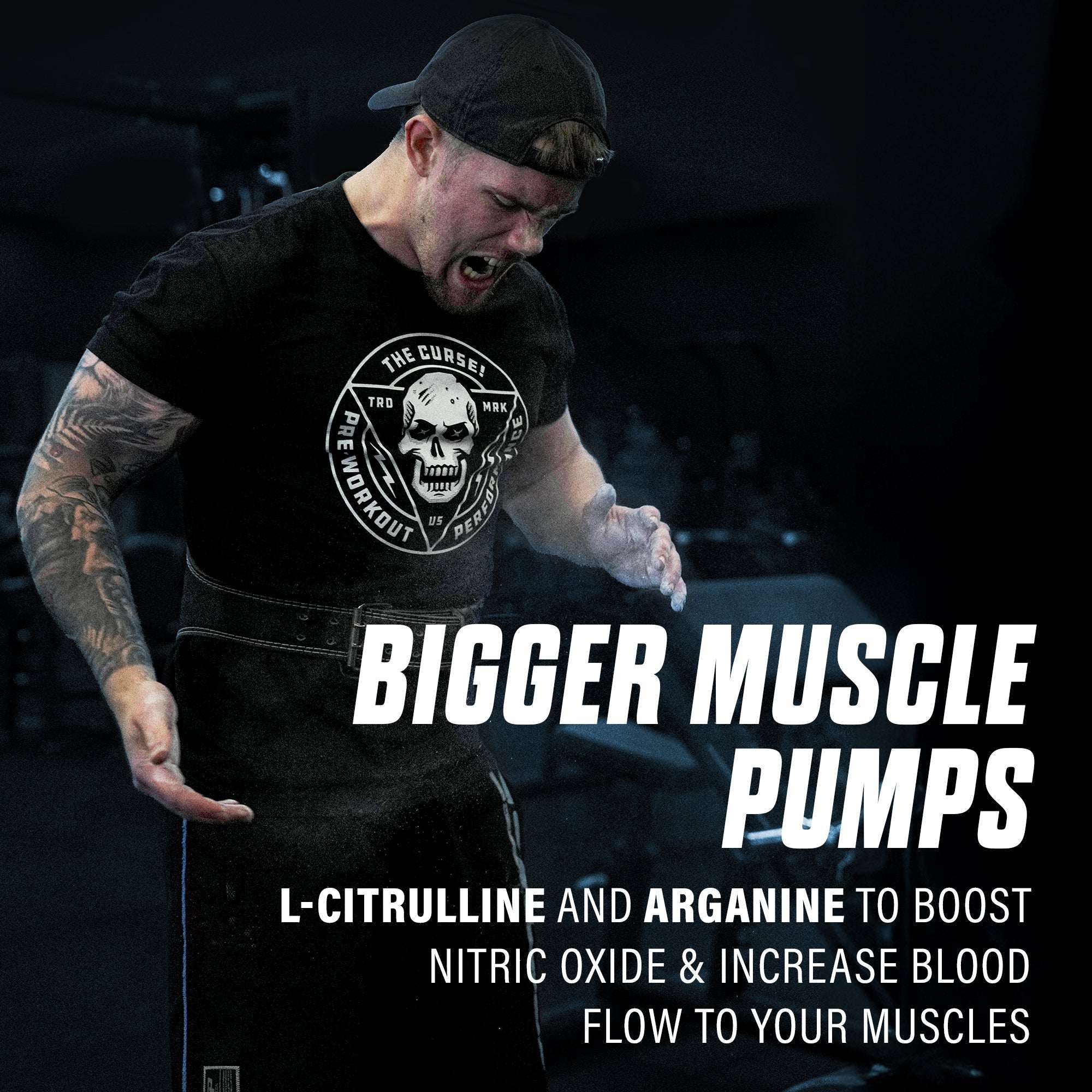 The Curse! Stim-Free Pump black t-shirt with white skull logo worn by muscular man yelling in gym