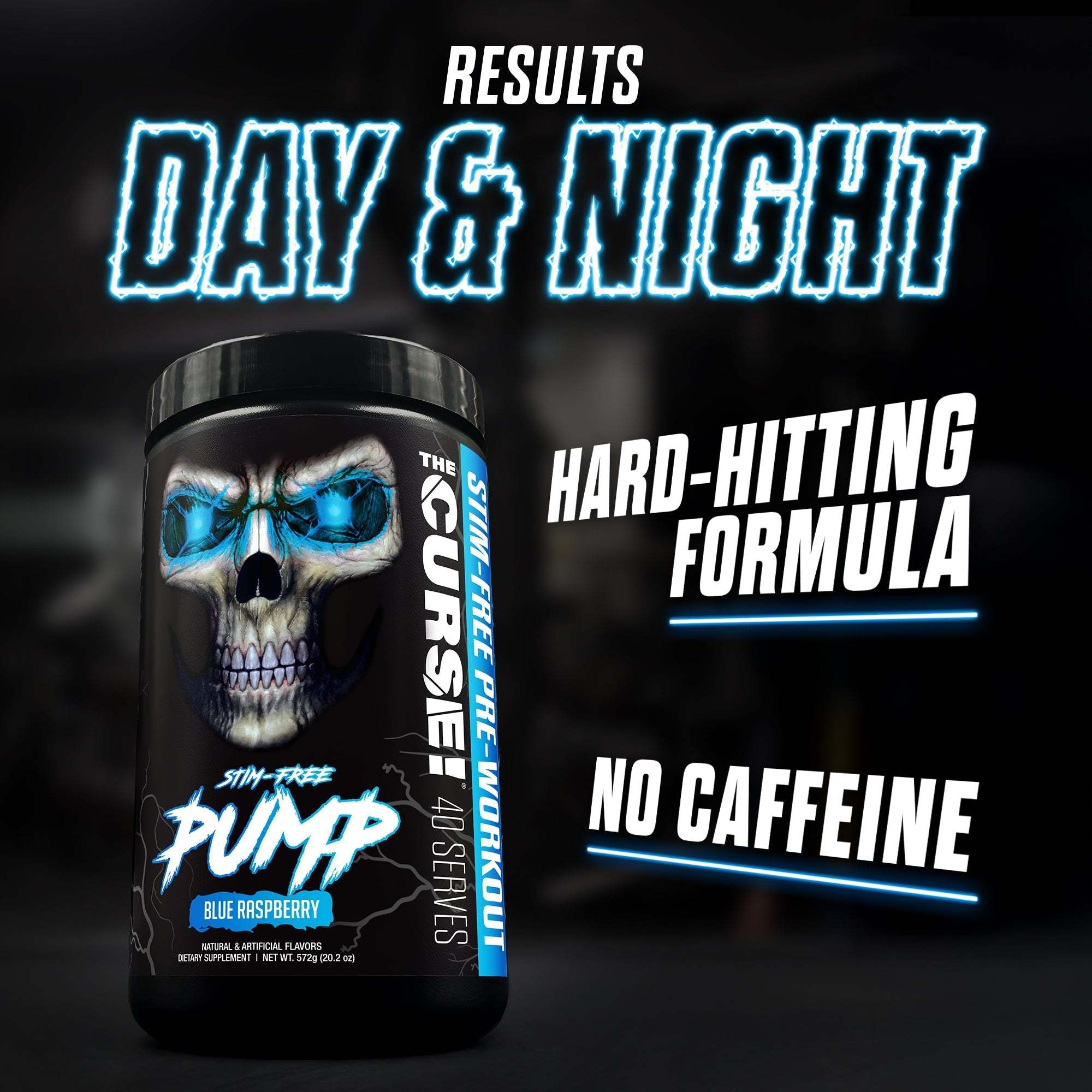 The Curse! Stim-Free Pump container with black label featuring blue skull graphic and blue raspberry flavor text, emphasizing no caffeine and hard-hitting formula