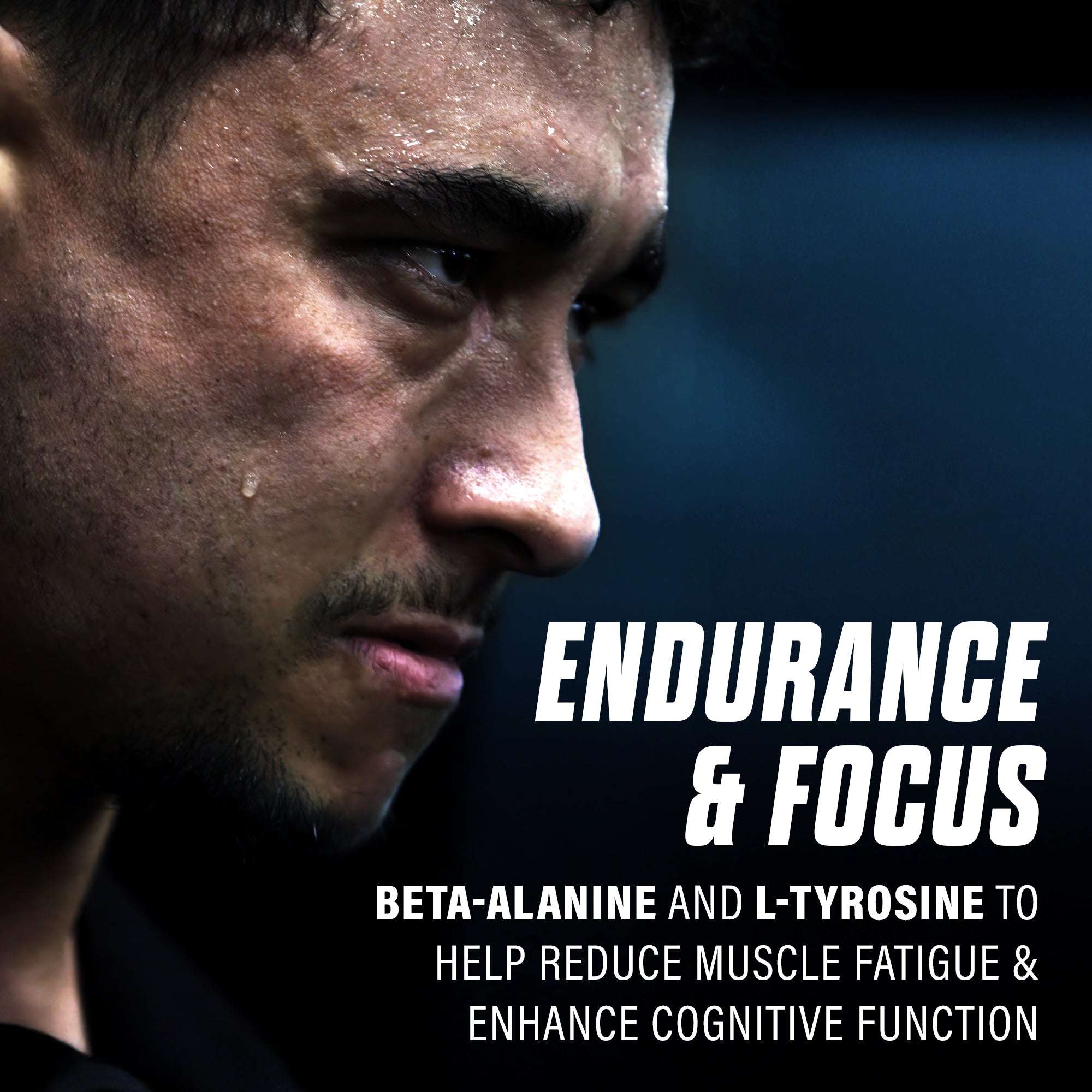 Close-up of a sweaty man exerting intense focus and endurance during exercise, promoting The Curse! Stim-Free Pump benefits