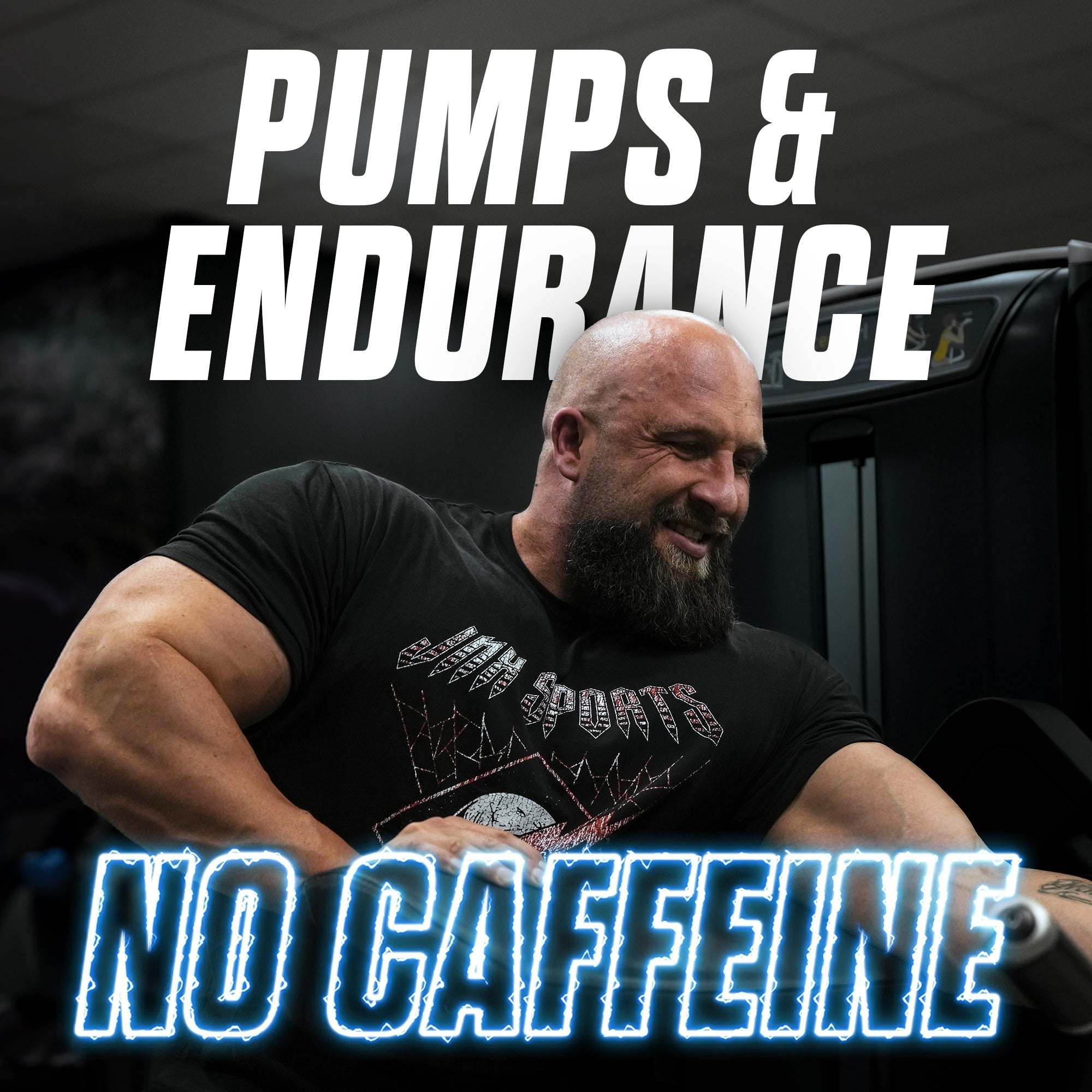 The Curse! Stim-Free Pump text overlay on muscular man exercising with no caffeine and pumps endurance phrases