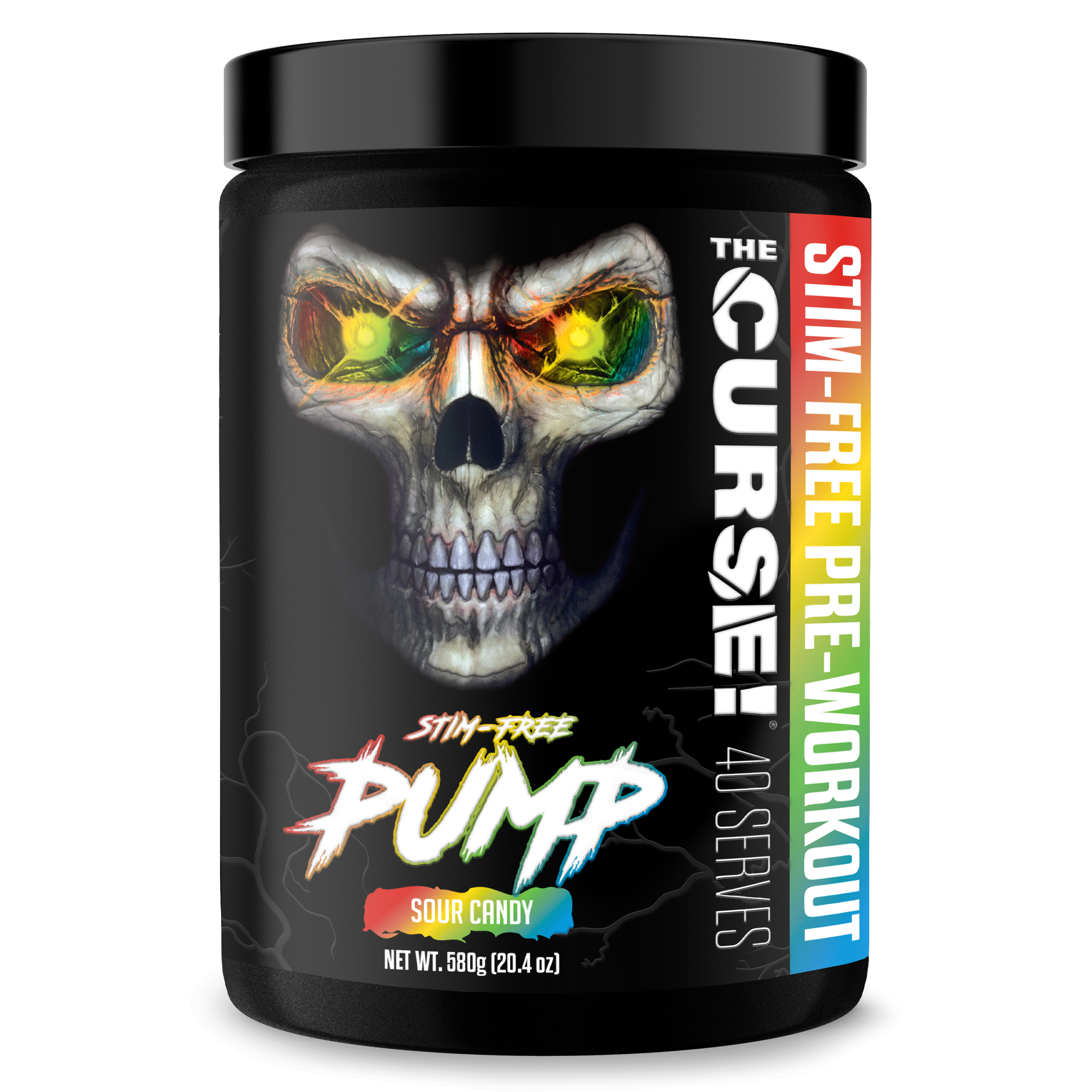 The Curse! Stim-Free Pump container with black label featuring skull graphic and colorful text for stimulant-free pre-workout supplement