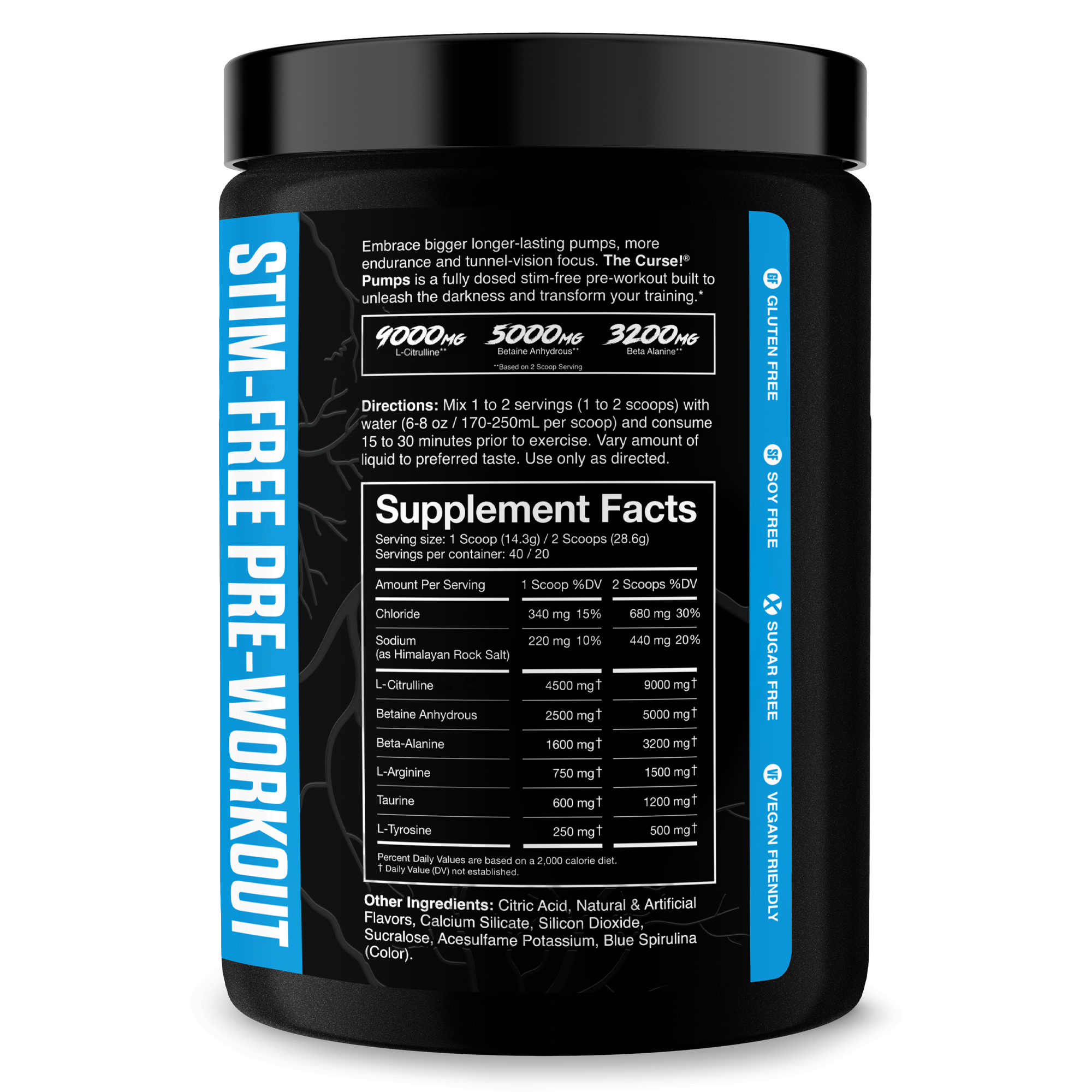 The Curse! Stim-Free Pump black supplement container with blue and white label showing nutrition facts and usage instructions for stim-free pre-workout