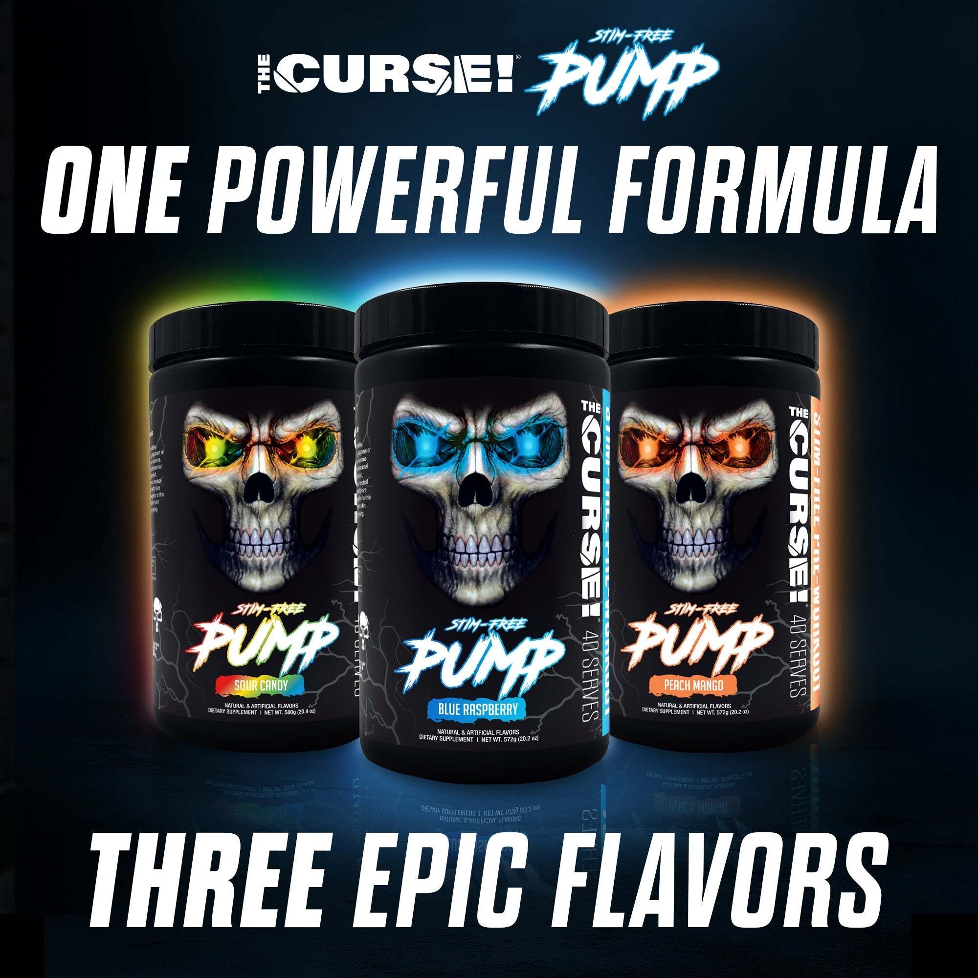 The Curse! Stim-Free Pump supplement jars in black with colorful skull designs, showcasing three epic flavors: Blue Raspberry, Peach Mango, and Tropical Energy