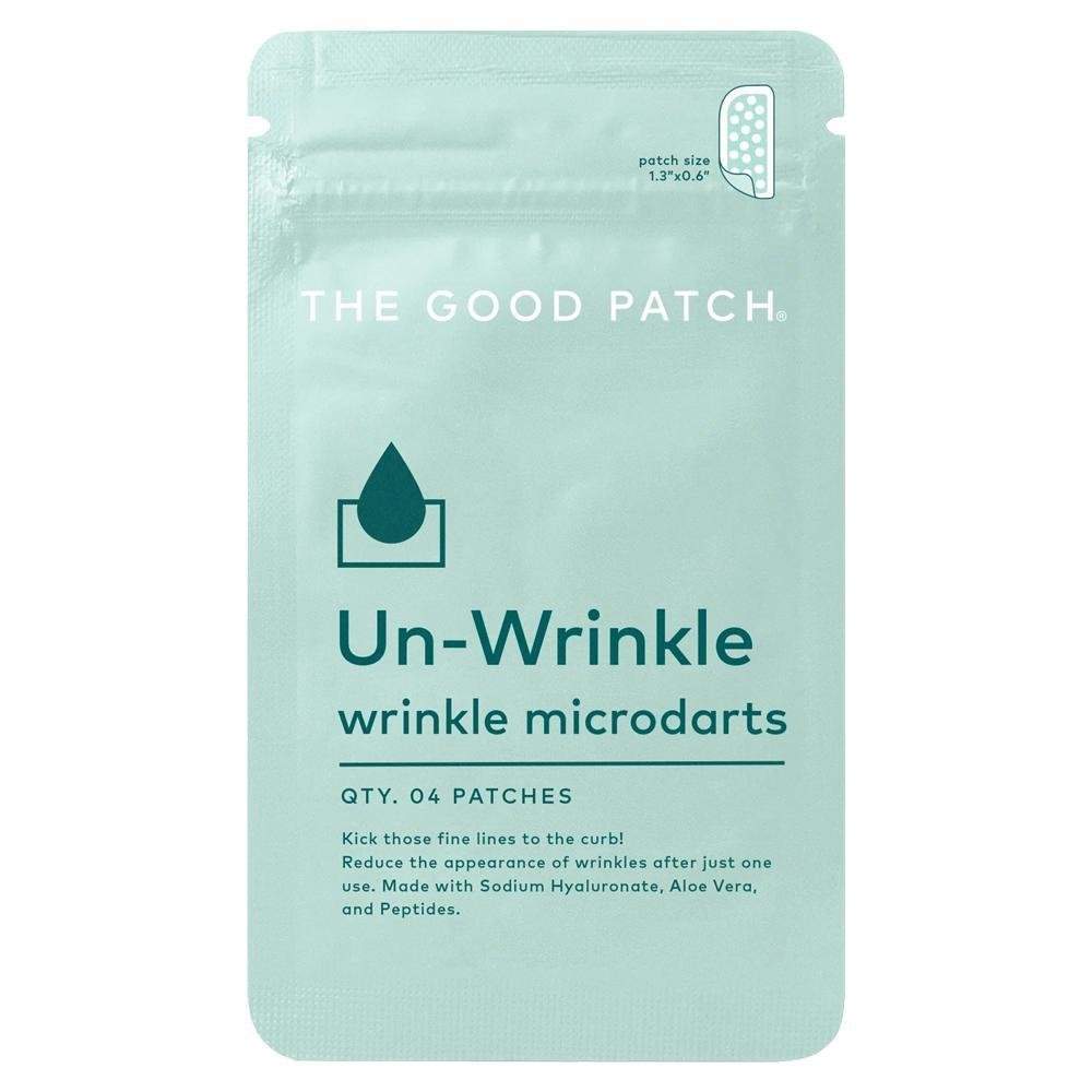 The Good Patch Un-Wrinkle microdart patches in a mint-green packet, with wrinkle-care labeling and four patches
