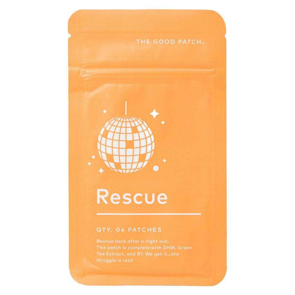 The Good Patch - Wellness Patch, orange pouch labeled Rescue with white disco ball graphic, containing four patches