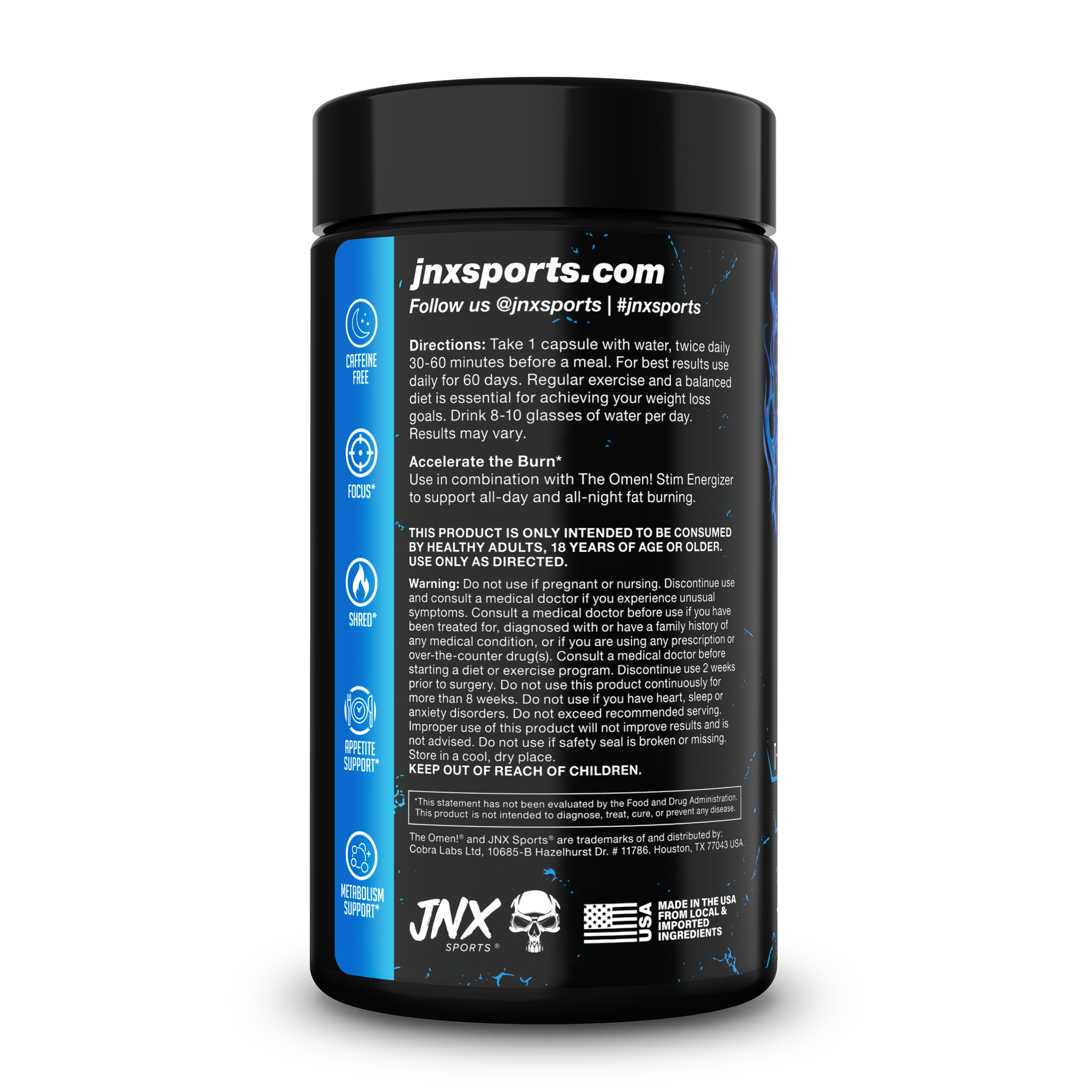 Black plastic supplement bottle with a blue label and white text, The Omen Stim-Free Fat Burner with skull logo and screw cap.