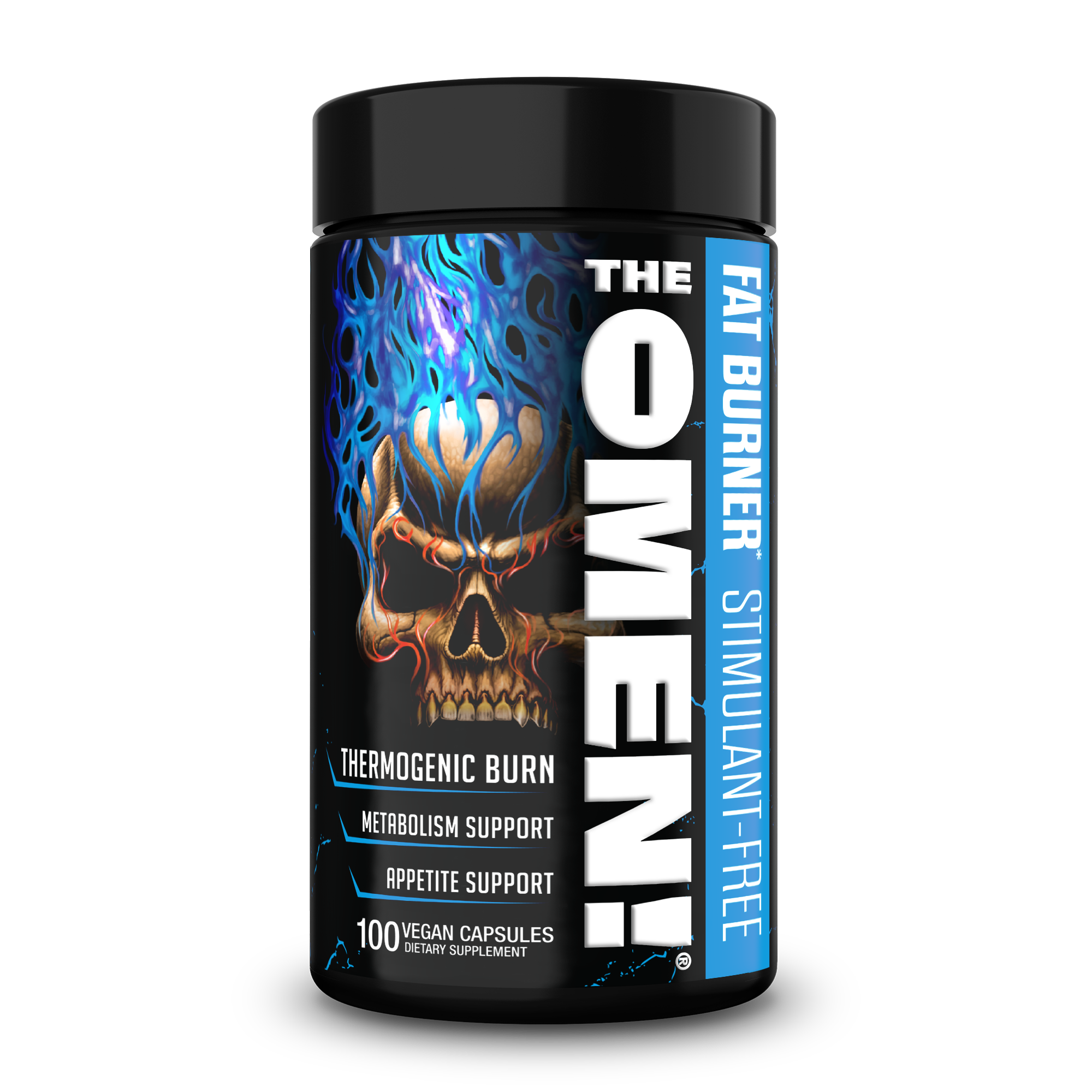 The Omen Stim-Free Fat Burner in a black plastic supplement jar, with bold white and blue text and a fiery skull graphic.