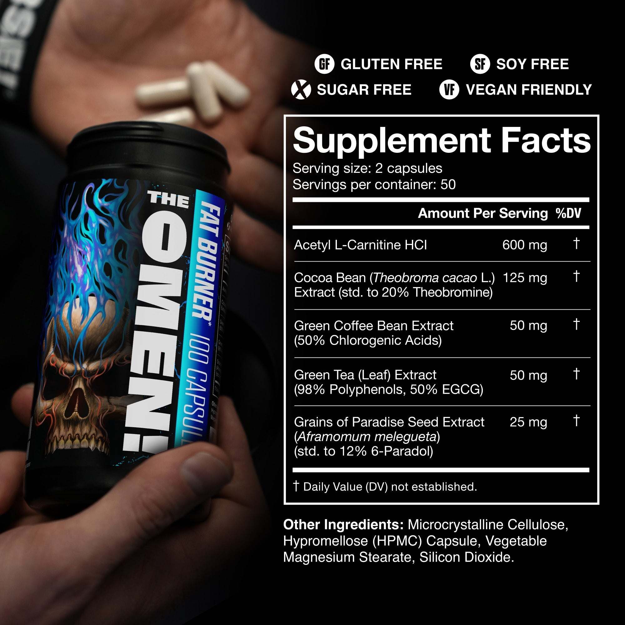 The Omen Stim-Free Fat Burner supplement in a black bottle with blue flame graphics and a black cap, shown with white capsules.