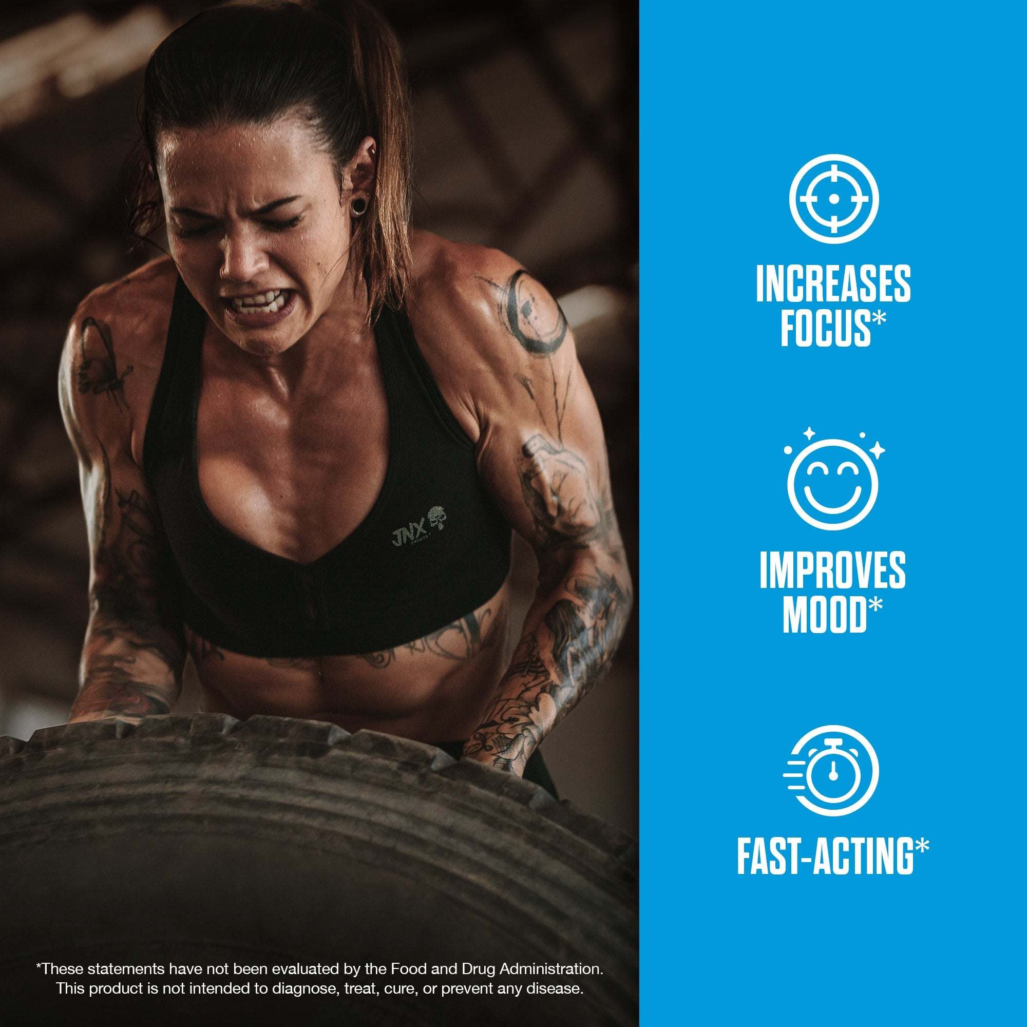 The Omen Stim-Free Fat Burner product graphic featuring a woman exercising beside blue claims about focus, mood and fast action.
