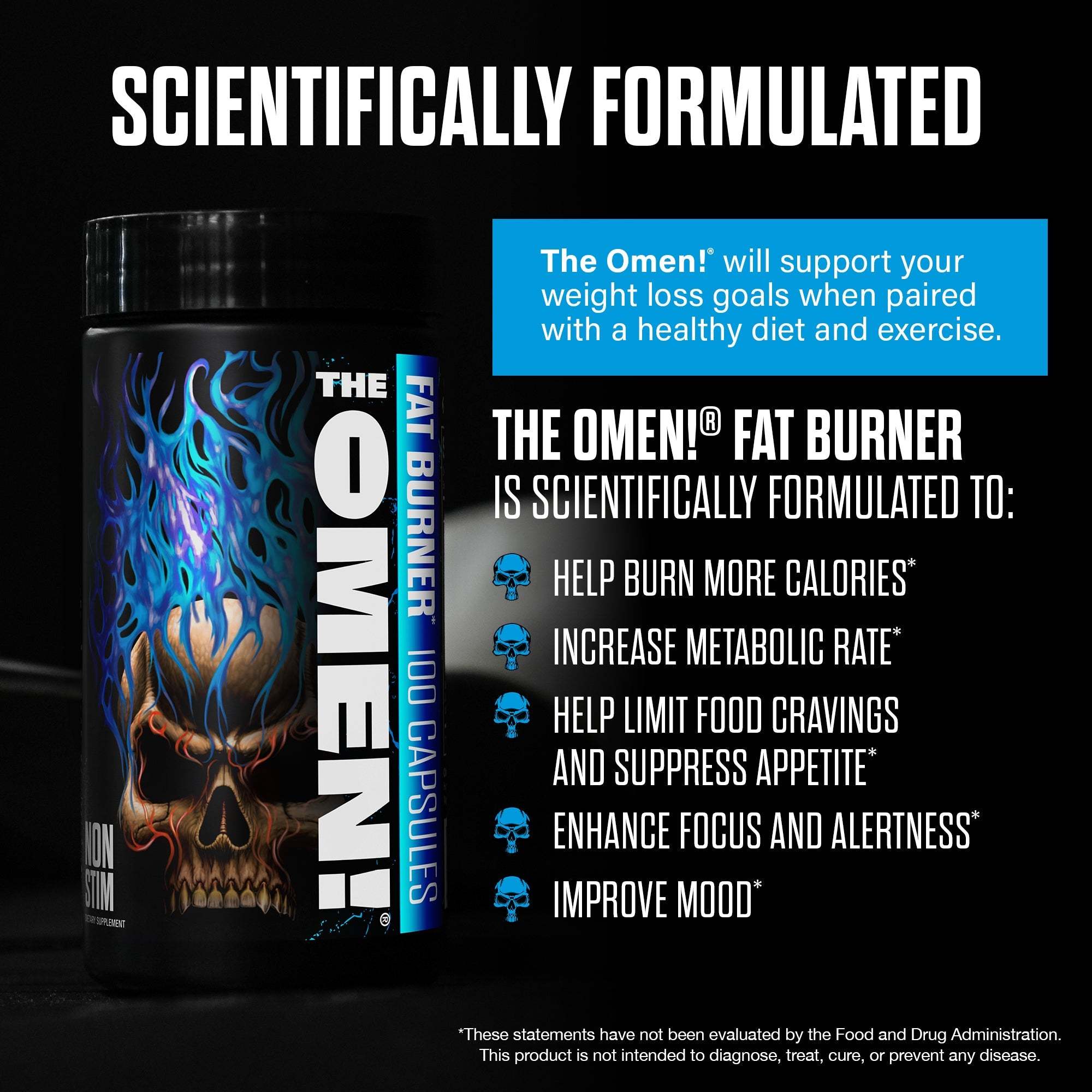 The Omen Stim-Free Fat Burner black capsule bottle with vivid blue flames, skull artwork and bold vertical white lettering