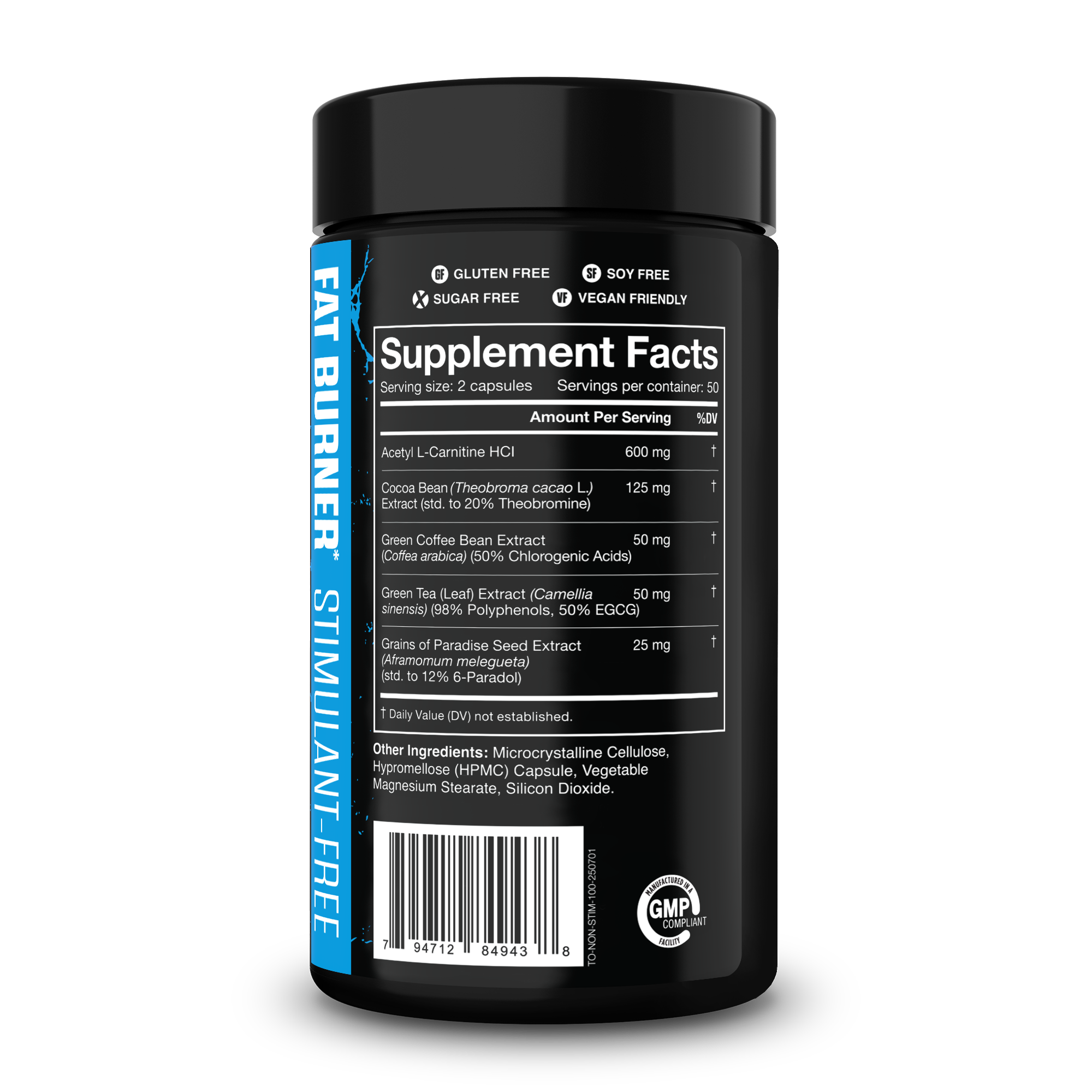 The Omen Stim-Free Fat Burner in a black plastic supplement bottle with blue vertical label and white supplement facts panel