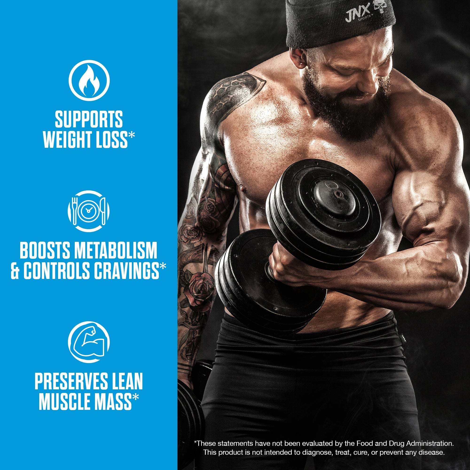 The Omen Stim-Free Fat Burner product graphic in blue and black, with white icons and weight-loss, metabolism, and muscle-mass claims beside a man lifting a dumbbell.