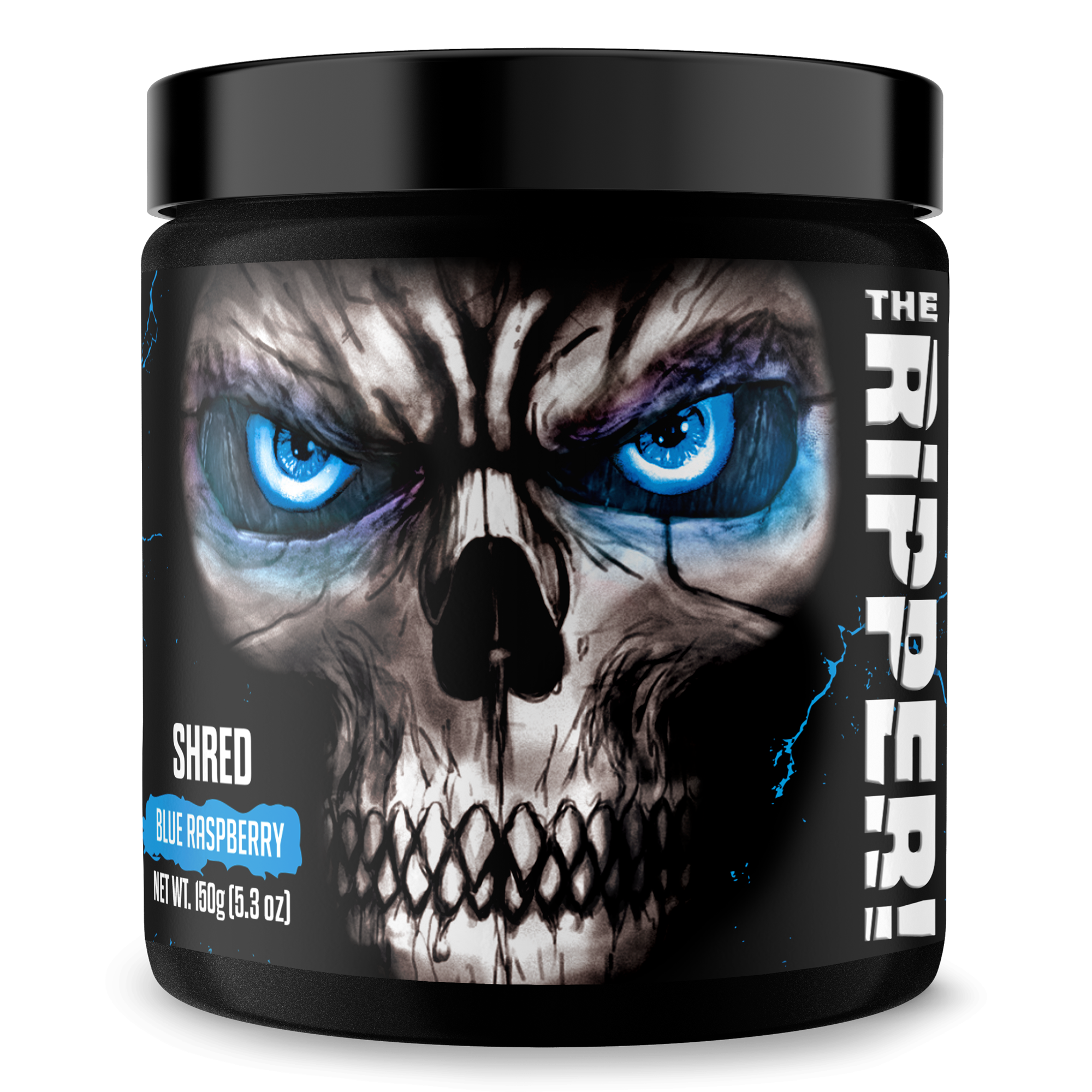 The Ripper! fat burner in a black tub with a skull graphic, vivid blue eyes and blue raspberry flavor label