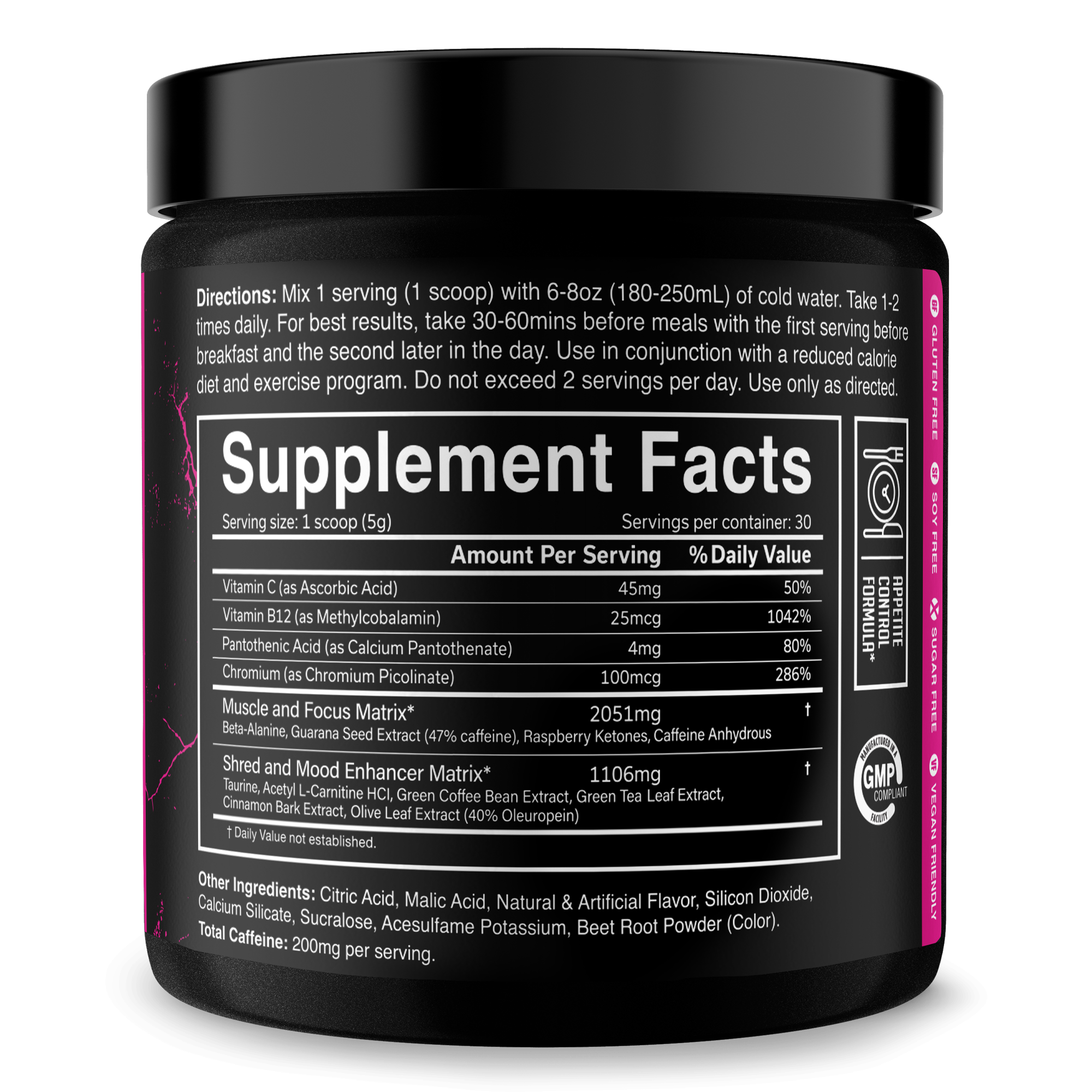 Fat burner supplement container with a black tub, pink side accents, and a prominent white Supplement Facts label
