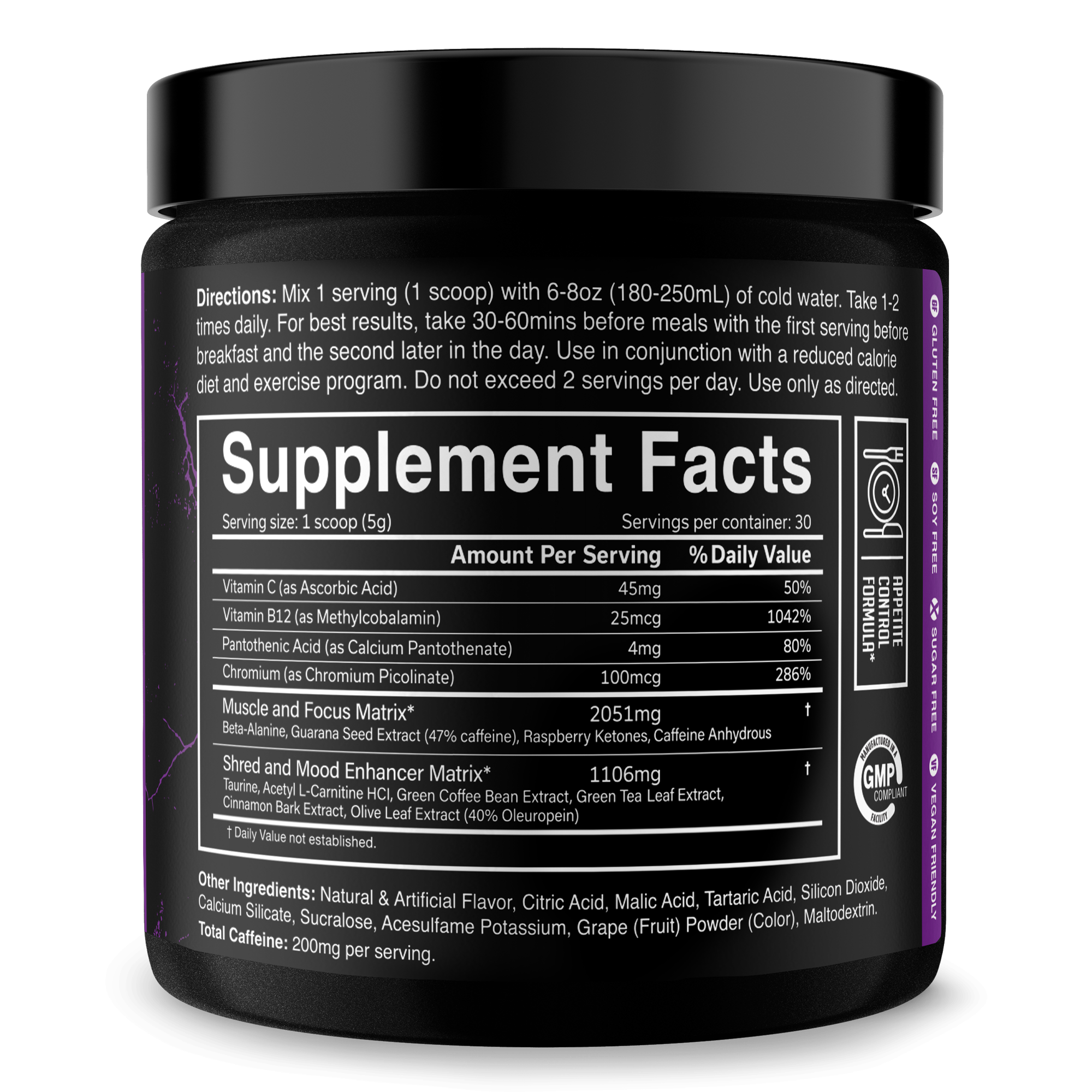 The Ripper! fat burner supplement in a black tub with purple accents and a large white Supplement Facts label
