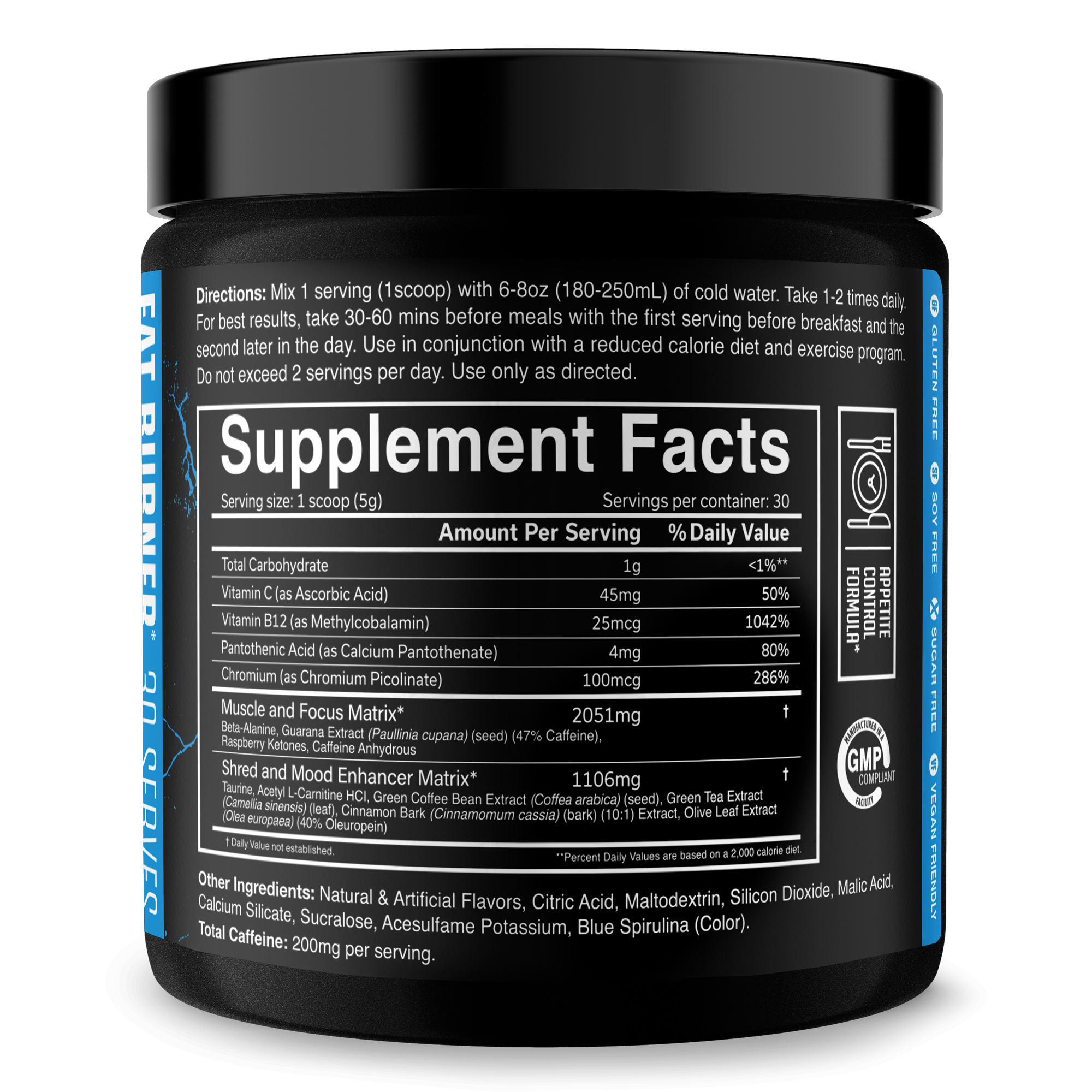 The Ripper! fat burner supplement in a black plastic tub with a blue label and white Supplement Facts panel