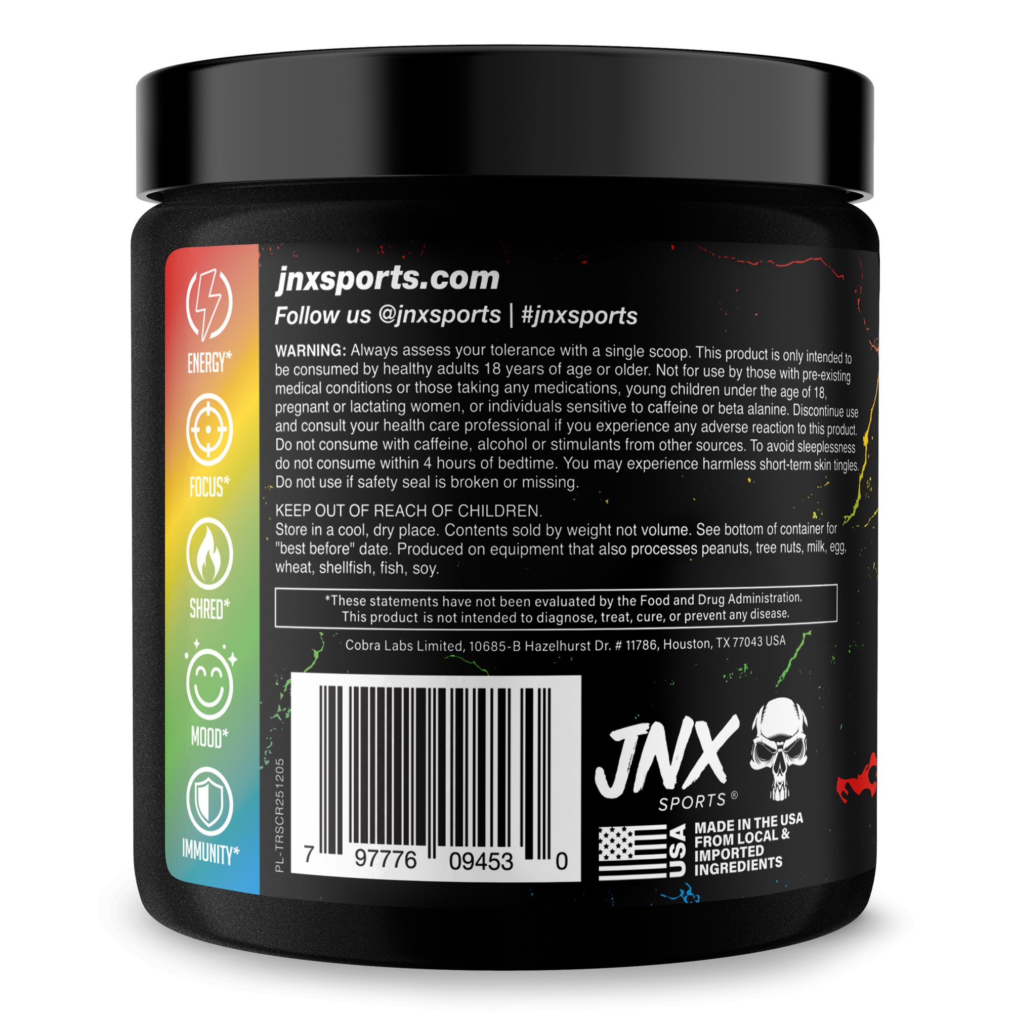 The Ripper! fat burner tub with a black label, colorful wellness icons, white text and skull logo