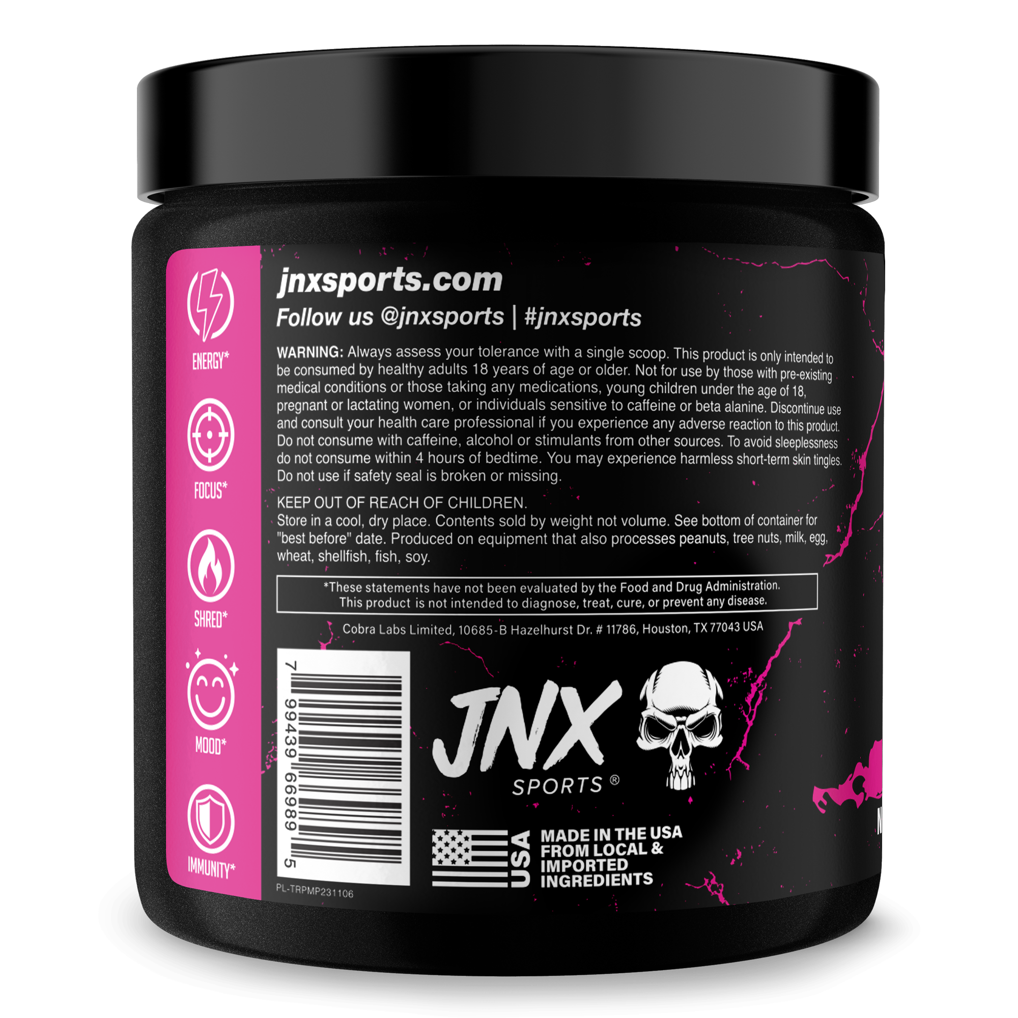Fat burner supplement tub labeled The Ripper! with a black jar, pink side panel, skull graphic and barcode