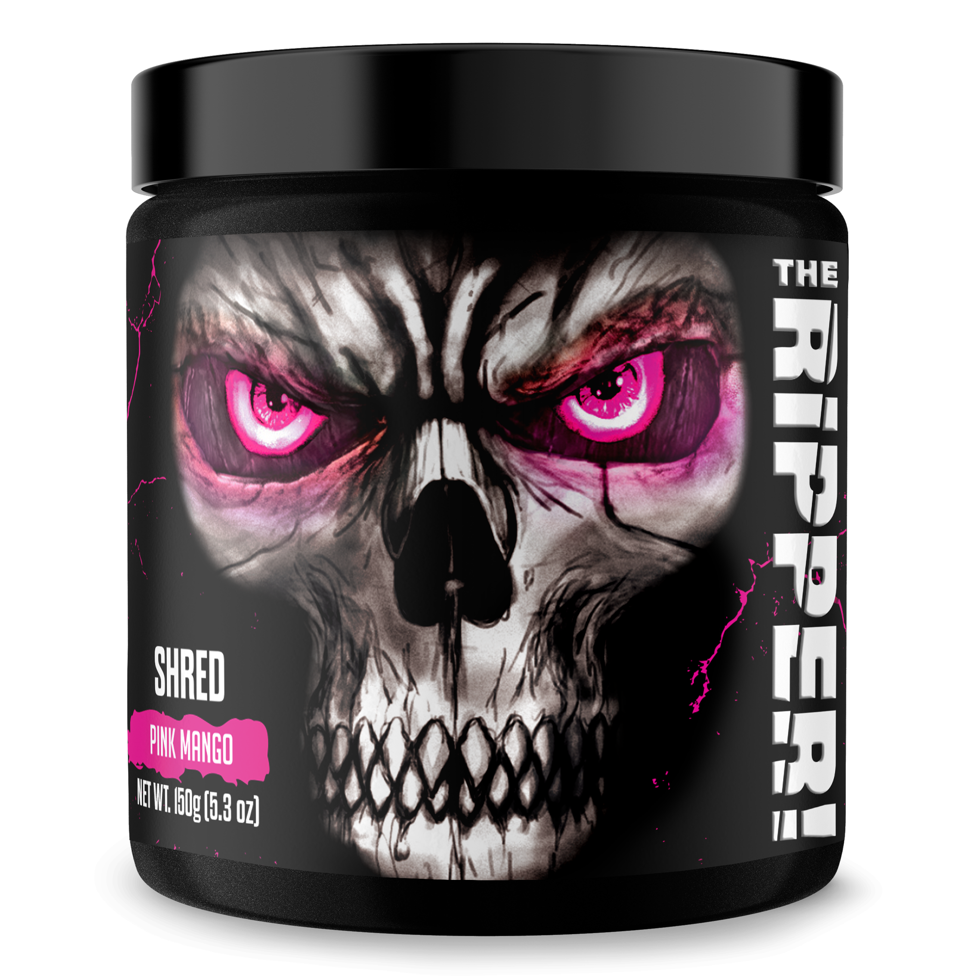 The Ripper! fat burner powder tub with a black label, pink accents and a striking skull graphic with bright pink eyes