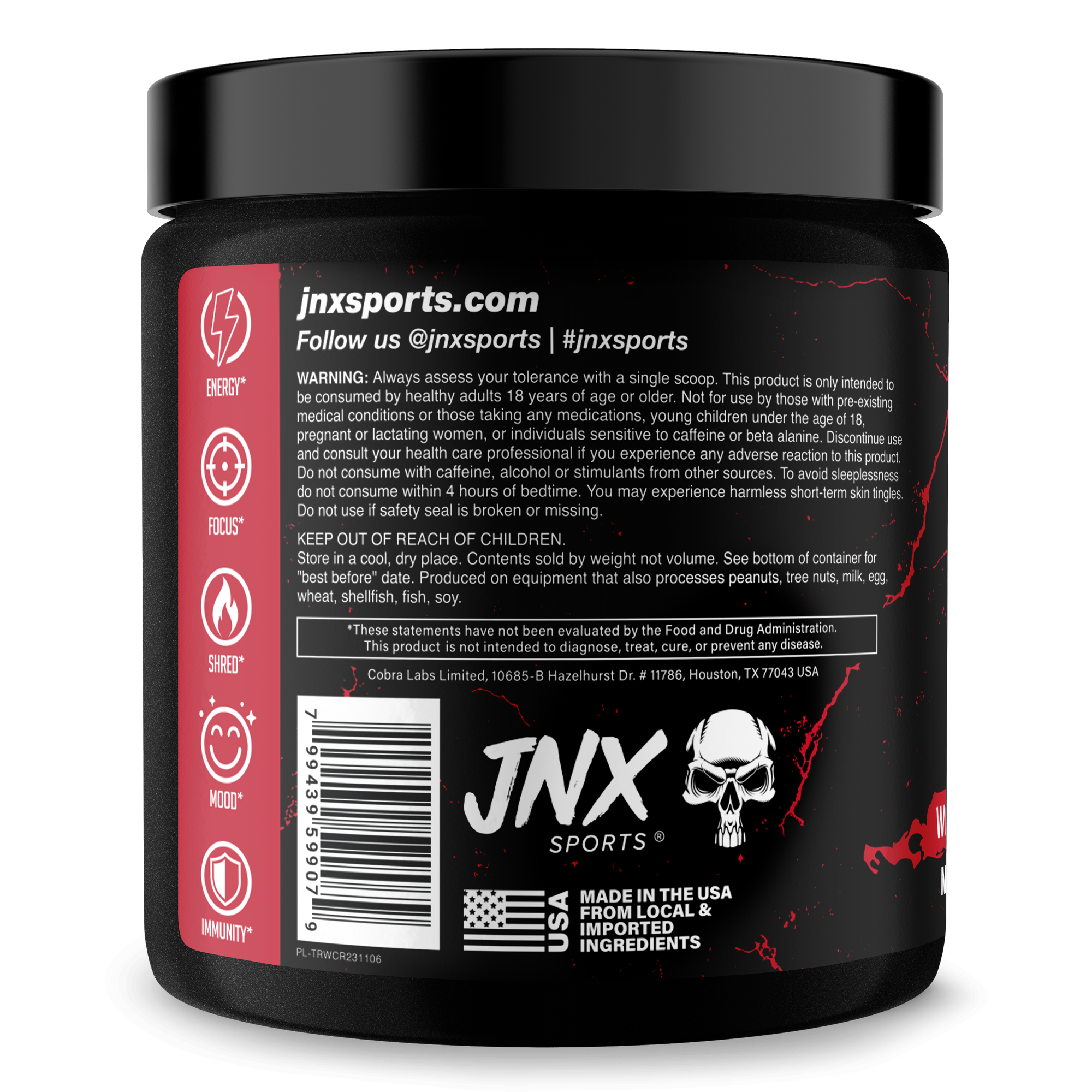The Ripper! fat burner tub with a black label, red accents, white JNX Sports branding and skull graphic