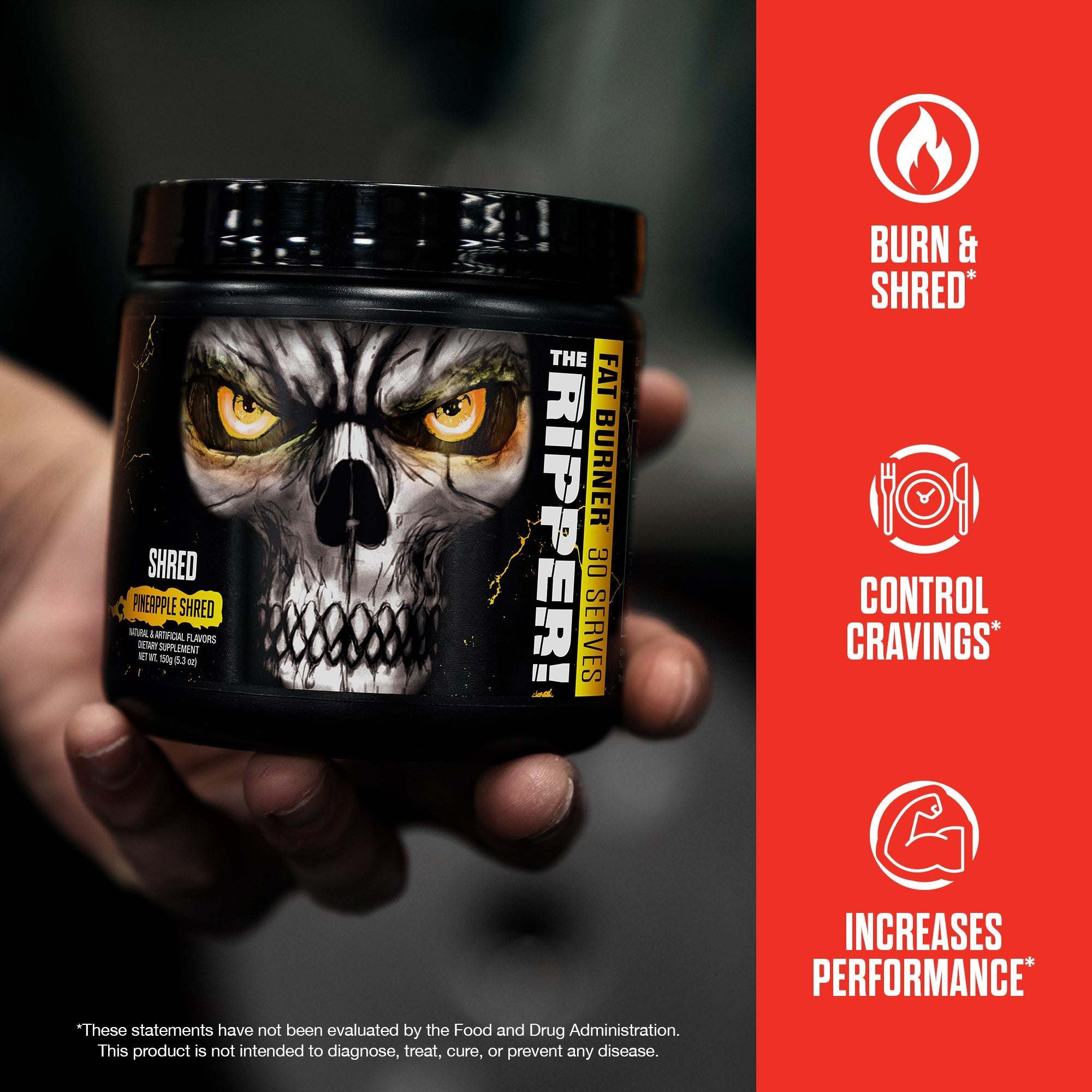 The Ripper! fat burner supplement in a black tub with a fierce skull graphic and yellow-eyed skull design