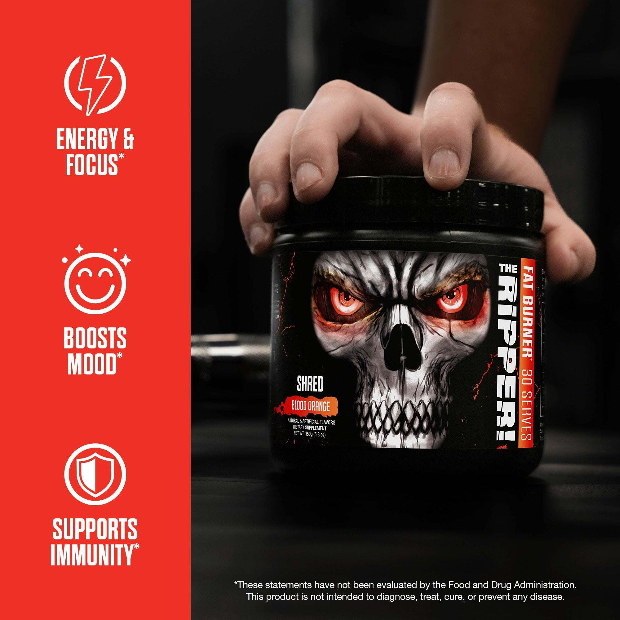 The Ripper! Fat burner supplement in a black tub with a skull graphic, orange eyes, and red-and-white lettering