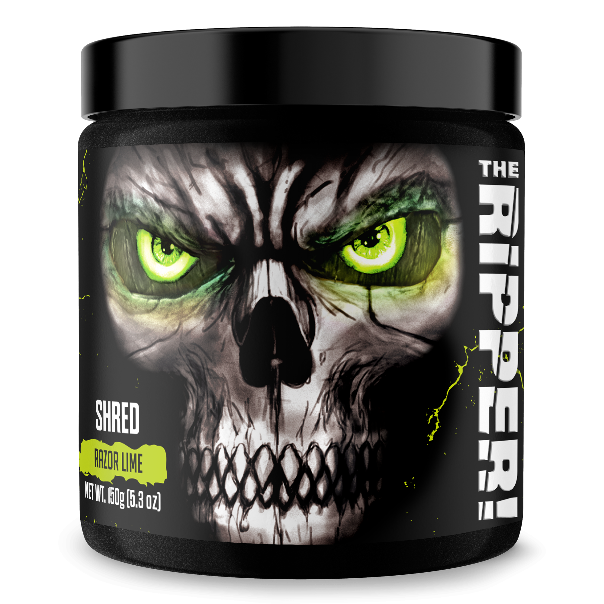 The Ripper! fat burner in a black tub featuring a fierce skull with neon green eyes and Razor Lime flavor label