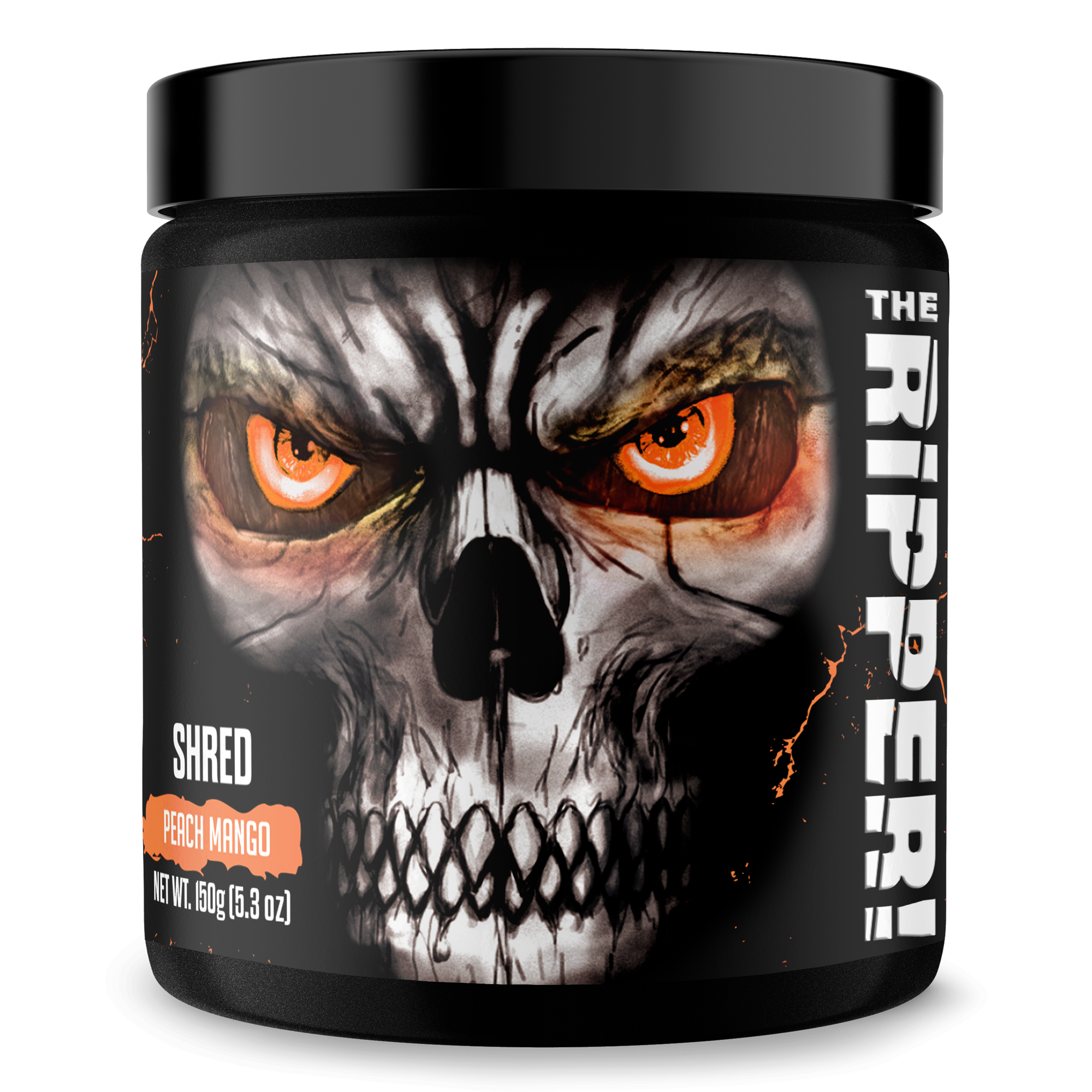 The Ripper! fat burner in a black tub with a fierce skull graphic, orange eyes, and peach mango flavor label