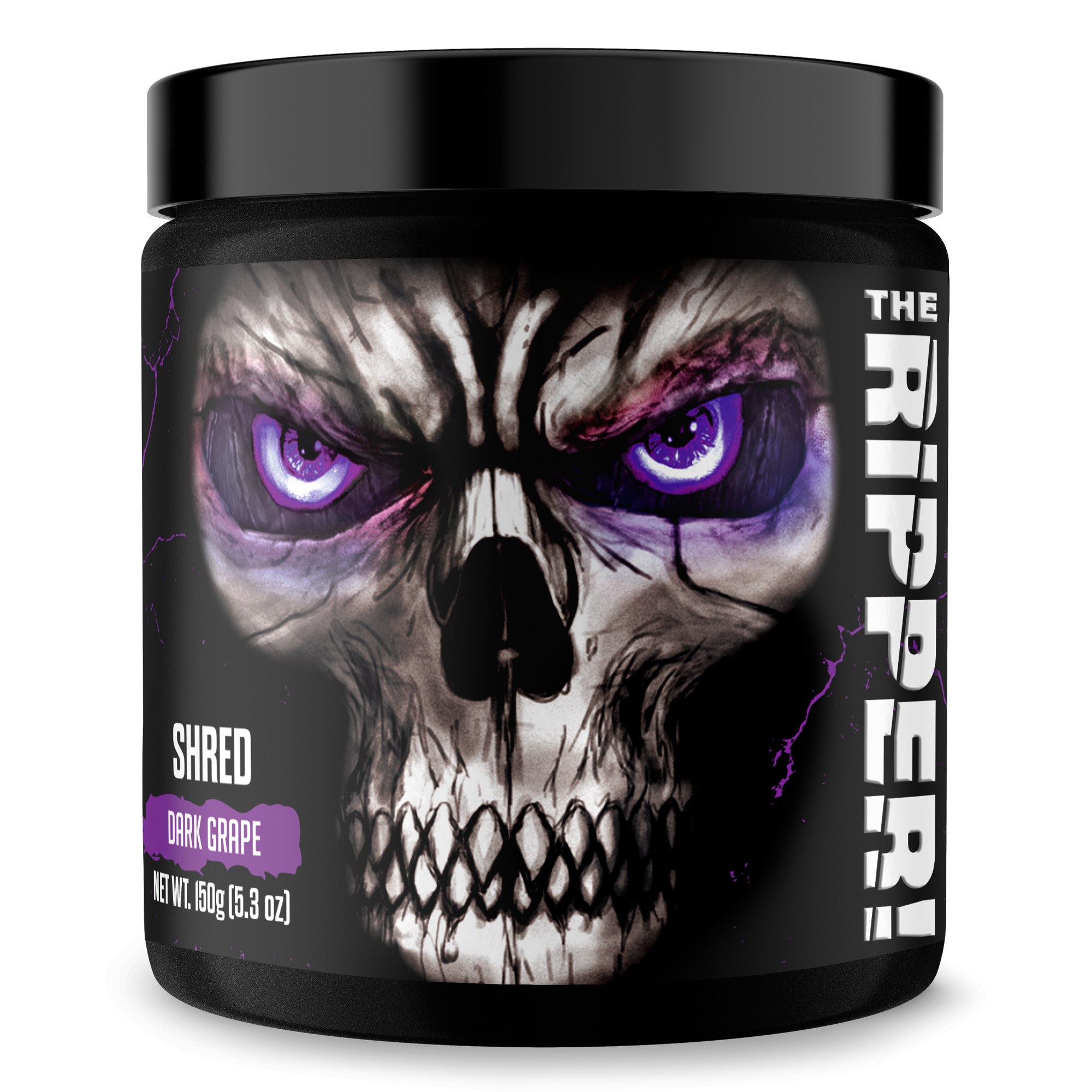 The Ripper! fat burner in a black tub with a skull face, glowing purple eyes, and dark grape flavor label
