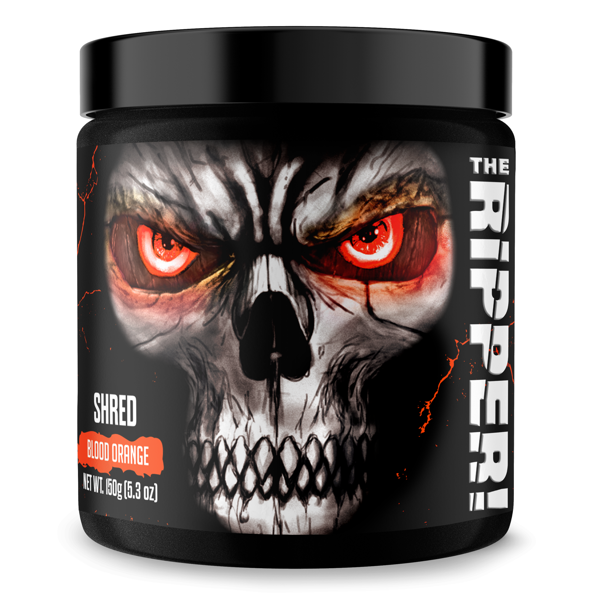 The Ripper! fat burner in a black tub with a skull face, glowing red eyes, and blood orange flavor label
