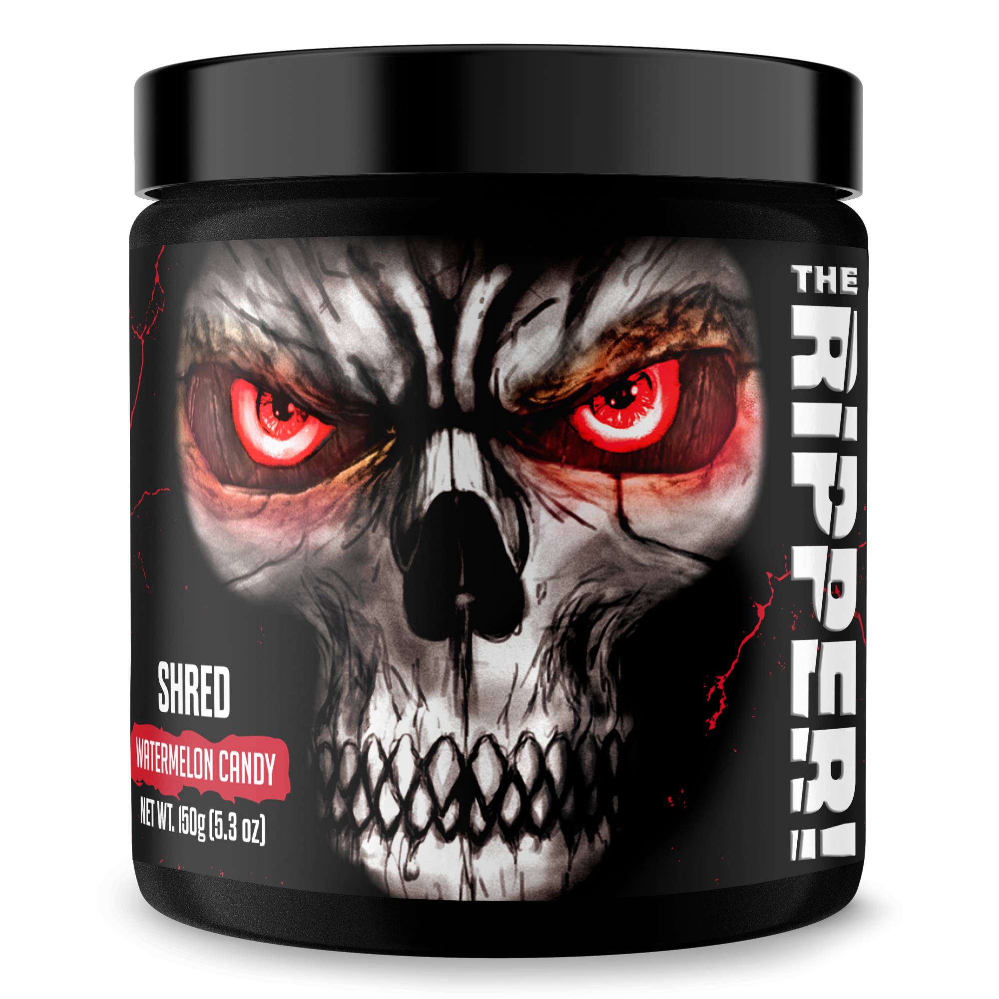 The Ripper! fat burner tub with a black label, fierce skull artwork, glowing red eyes and watermelon candy flavor
