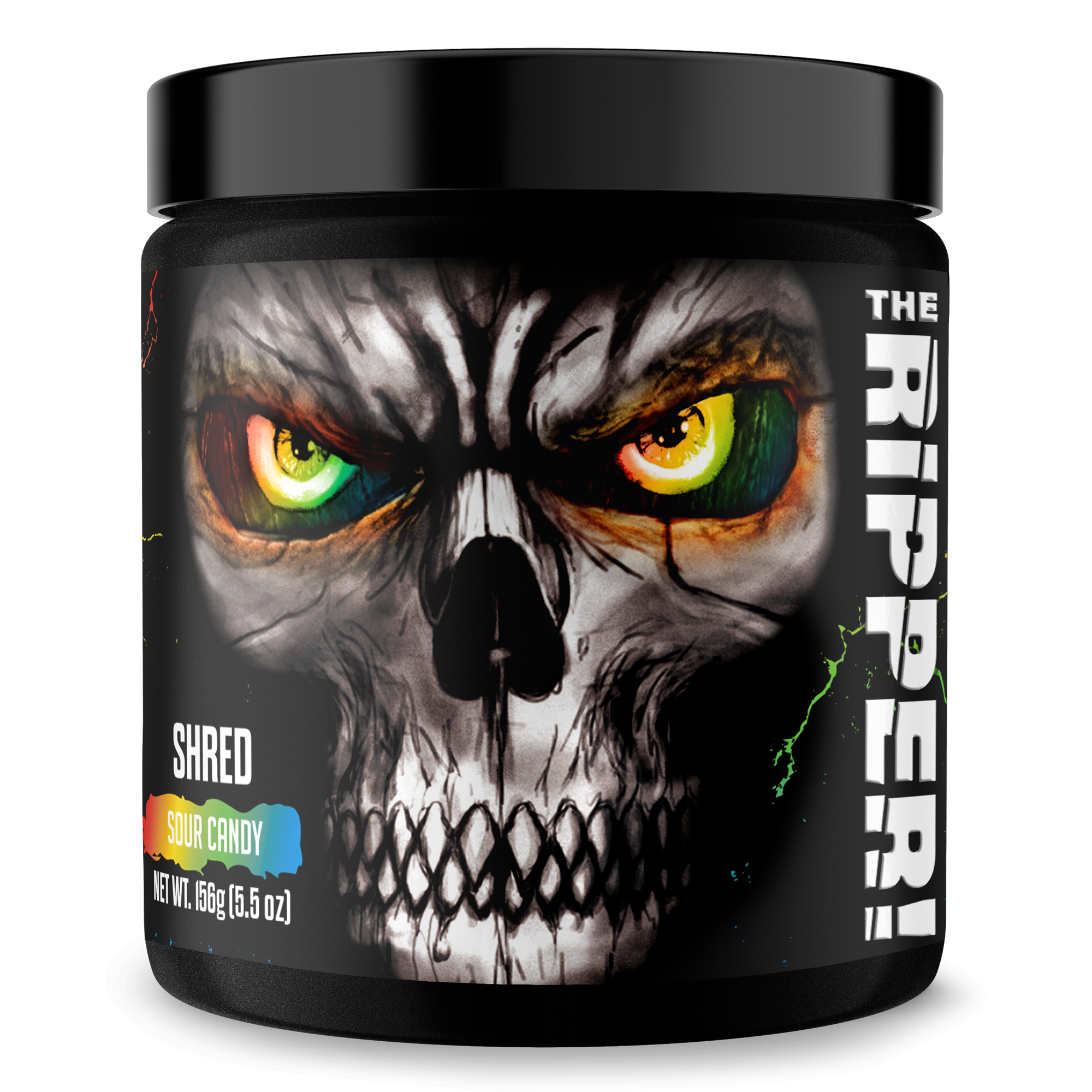 The Ripper! fat burner in a black tub with a skull graphic, glowing multicoloured eyes and Sour Candy flavour label