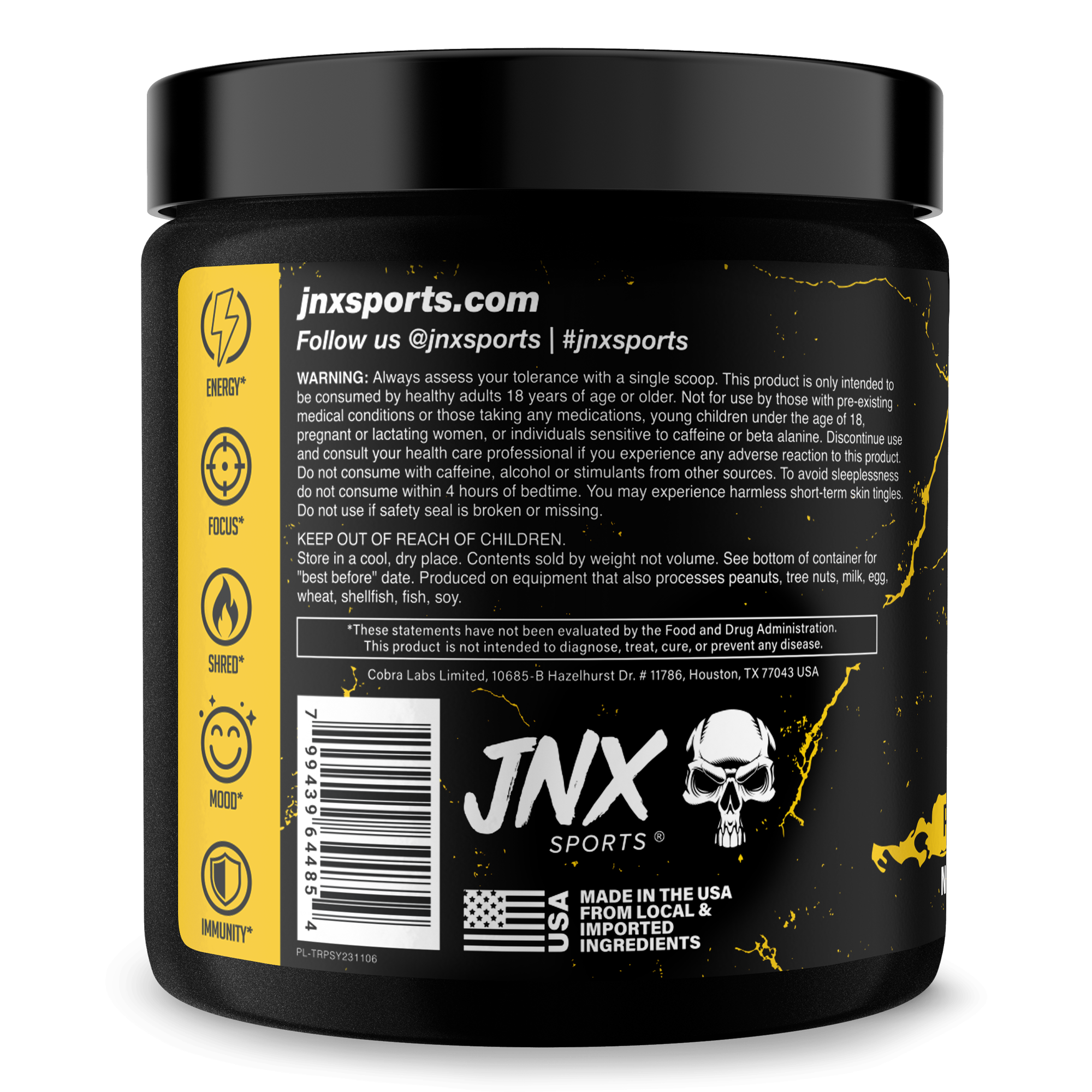 The Ripper! fat burner supplement tub in black with yellow accents, skull logo, barcode and a yellow feature strip