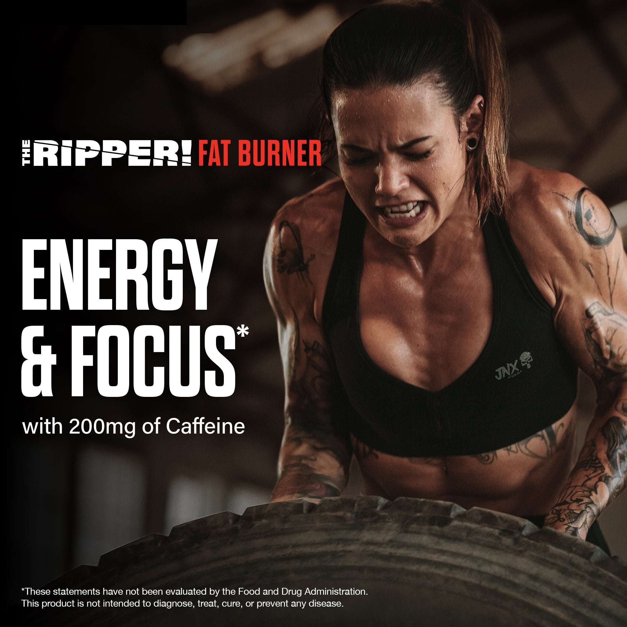 The Ripper! fat burner supplement promotion with a muscular woman lifting a tire and bold energy and focus text