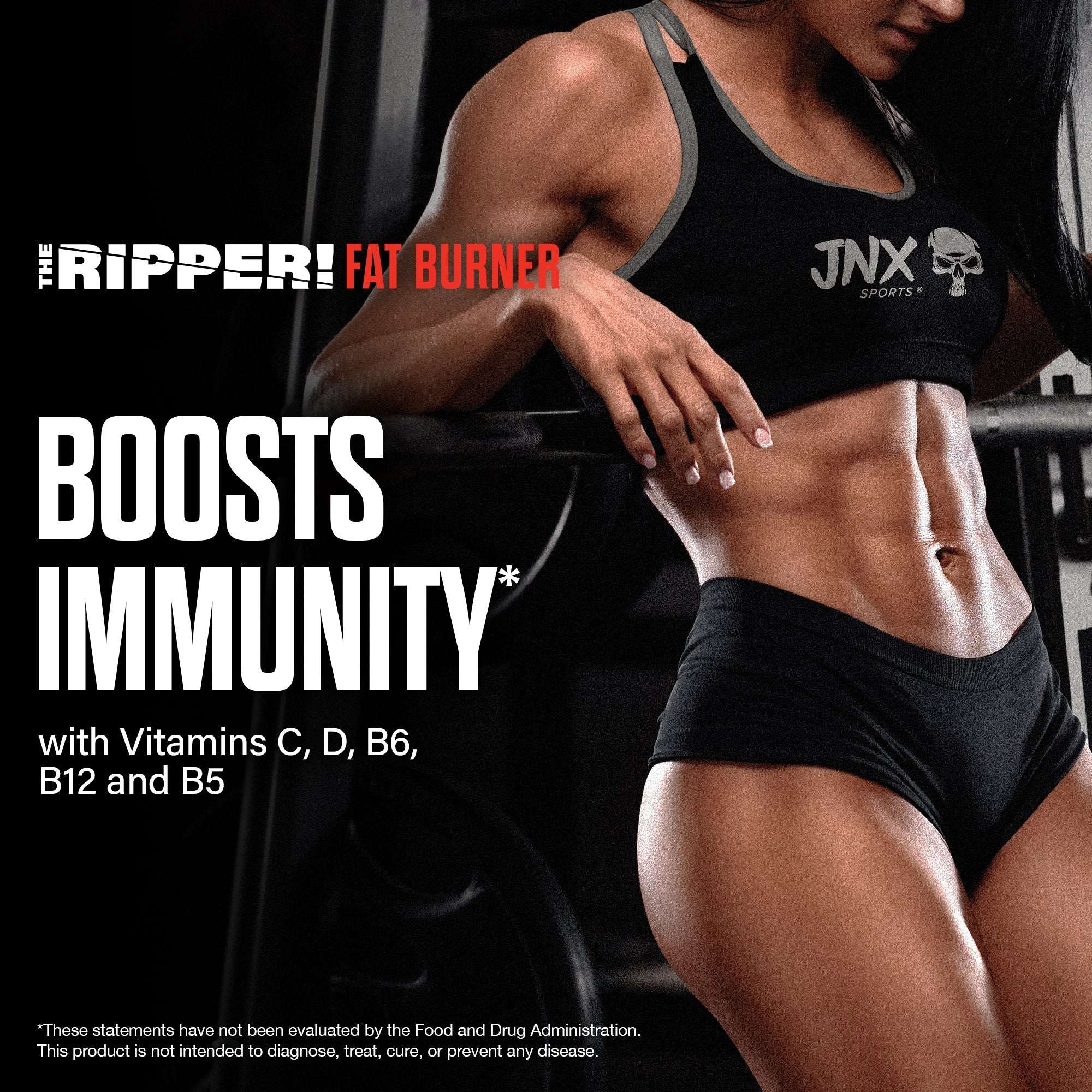 The Ripper! fat burner promotional graphic with a woman in black workout clothing and bold immunity text
