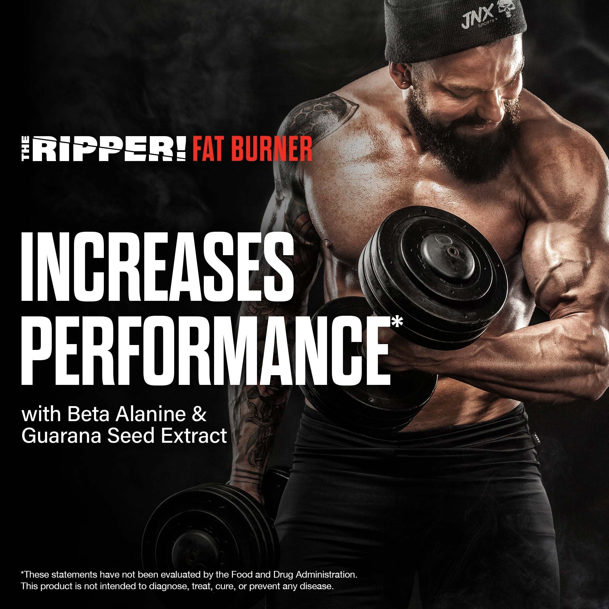 The Ripper! fat burner product graphic with bold red and white lettering and a muscular man lifting dumbbells