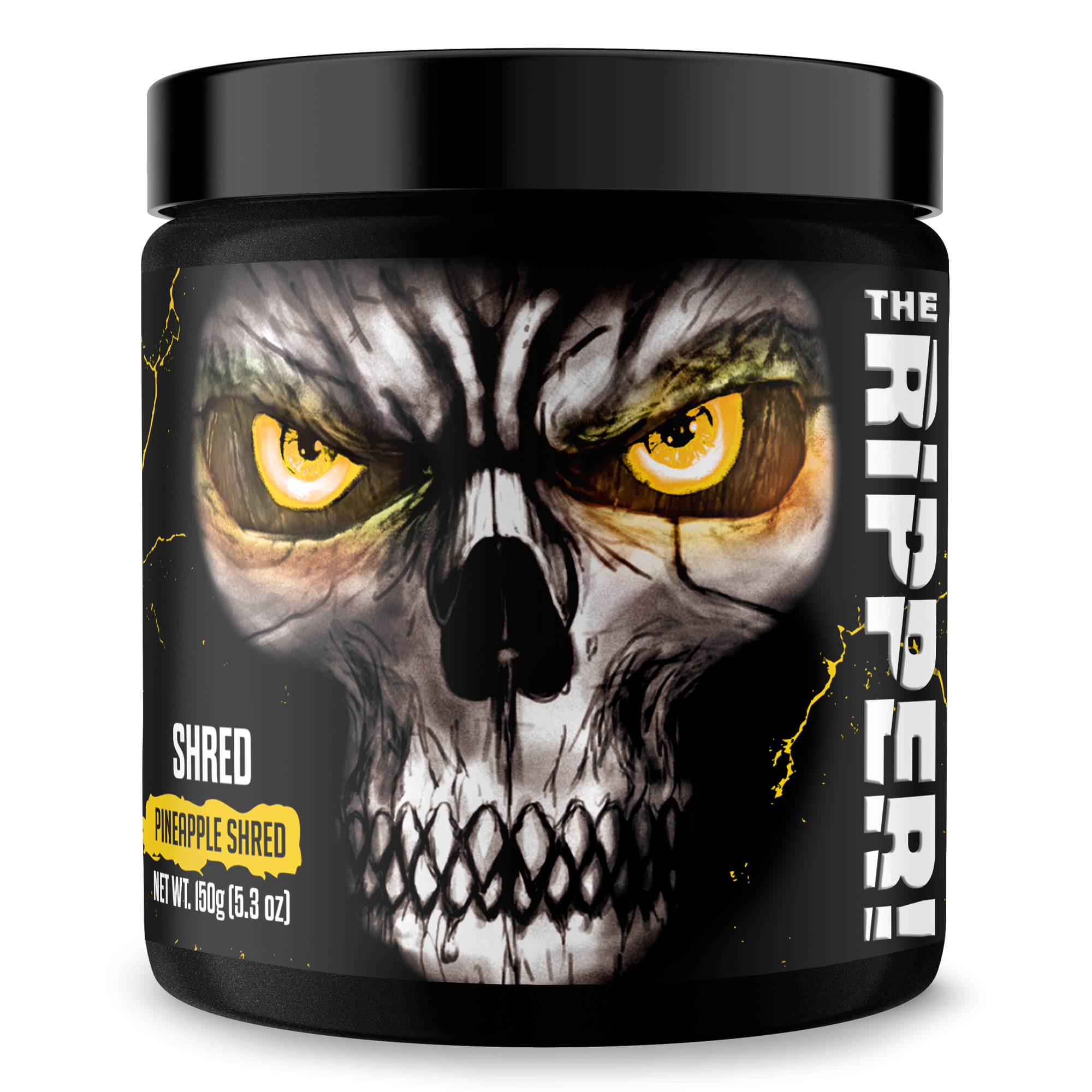 Fat burner tub called The Ripper! with a black label, fierce skull artwork, yellow eyes and pineapple shred flavor