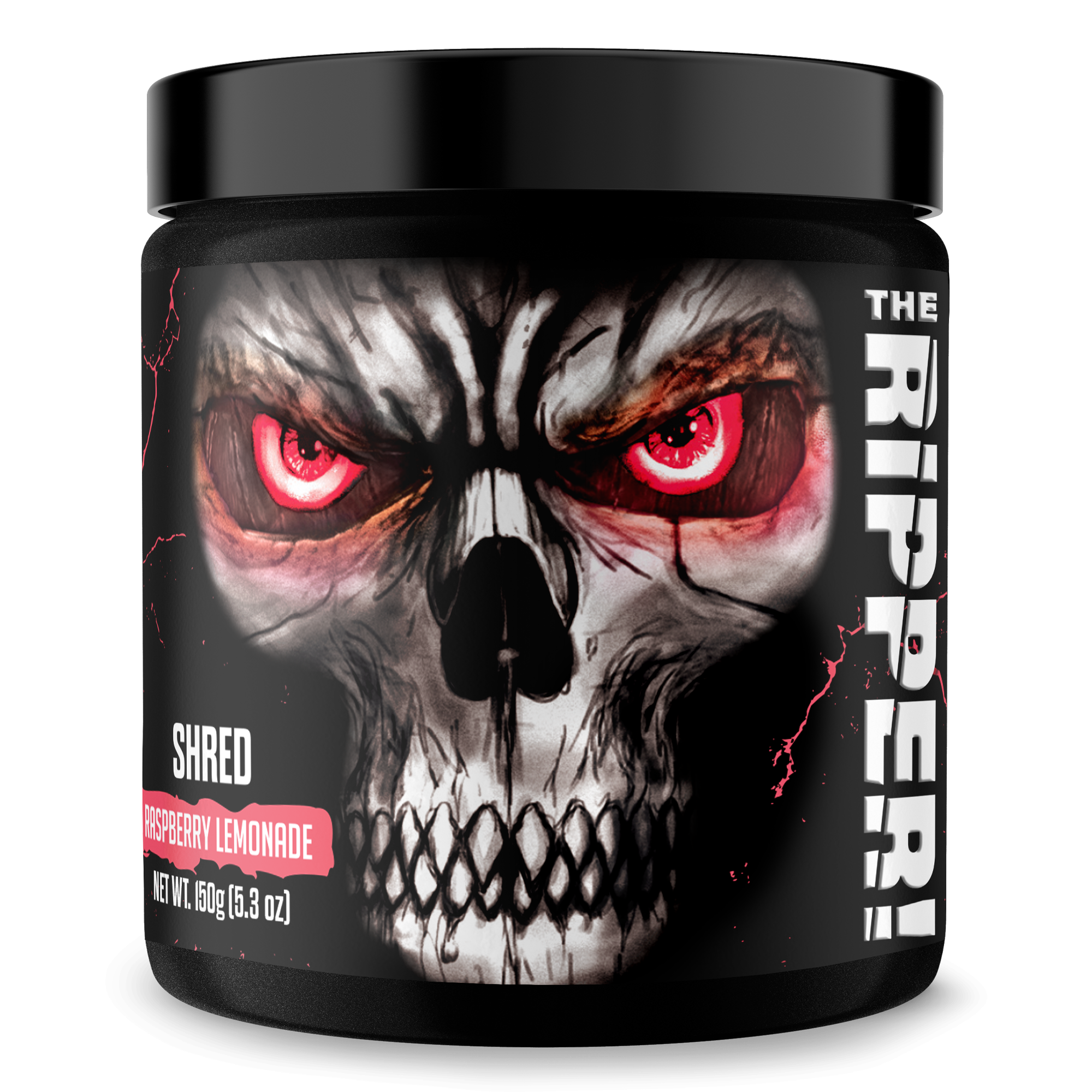 The Ripper! fat burner tub with a black label, fierce skull artwork, glowing red eyes and raspberry lemonade flavor
