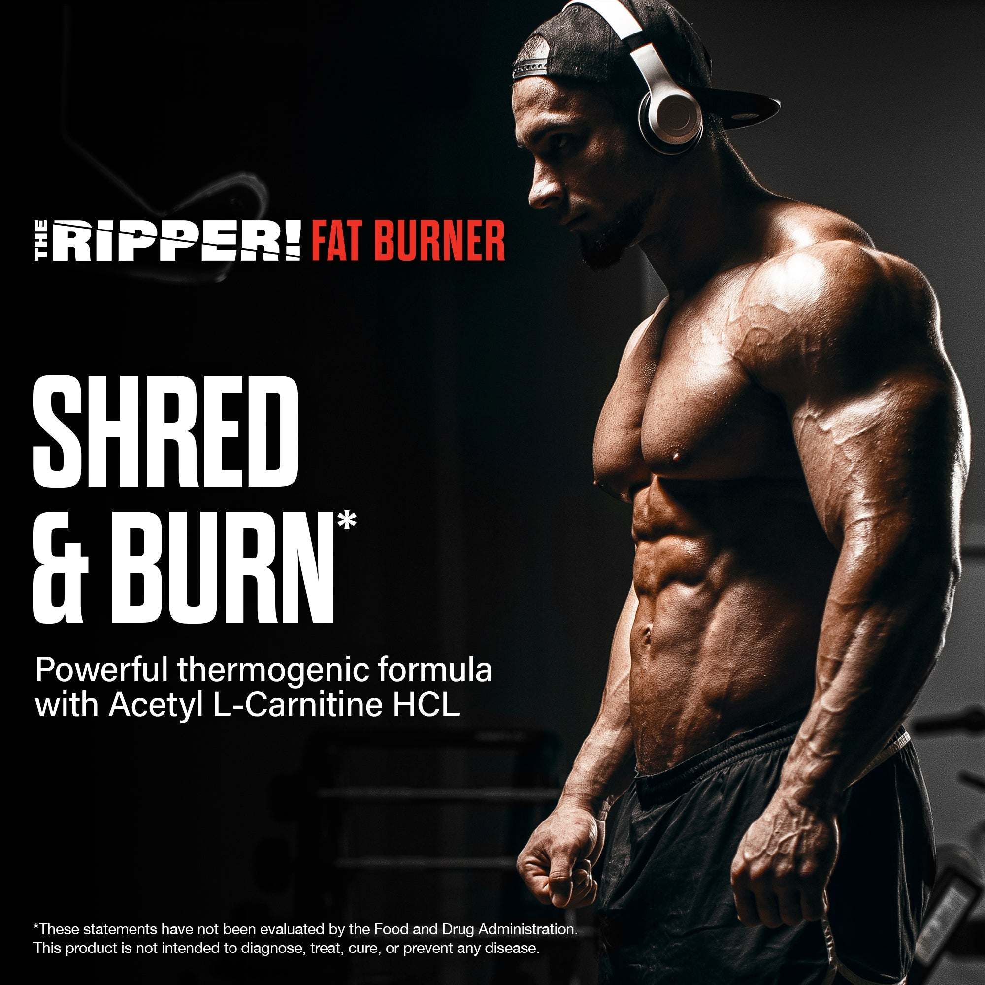 The Ripper! fat burner supplement packaging featuring bold white and red lettering beside a muscular man wearing headphones