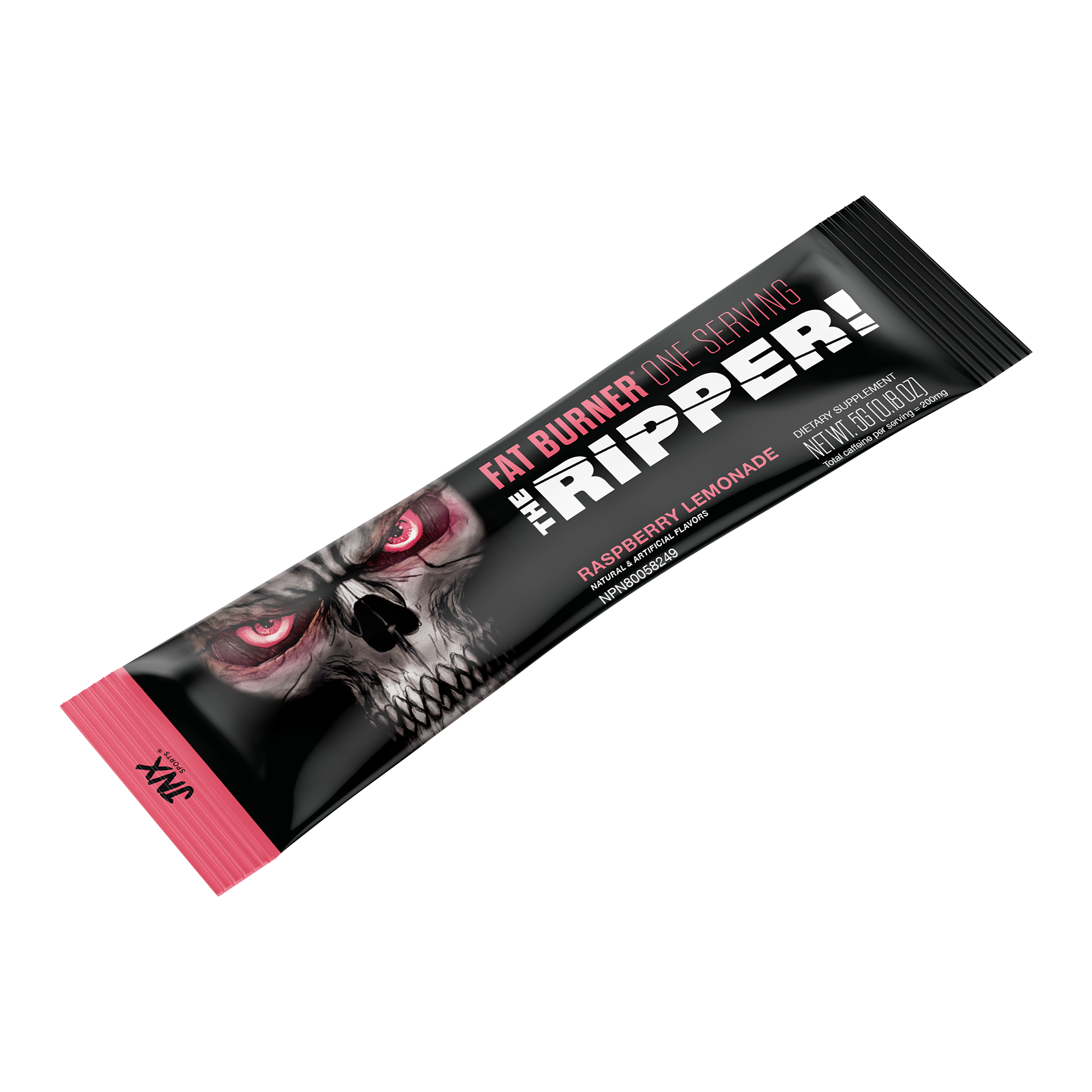 The Ripper! Stick fat burner single-serving packet in black with red accents and skull graphic for raspberry lemonade flavor