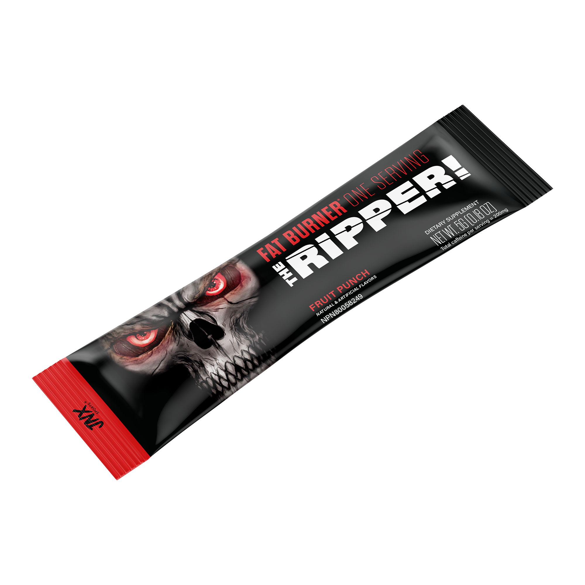 The Ripper! Stick fat burner single serving stick pack with black and red packaging featuring a menacing skull design and bold white text