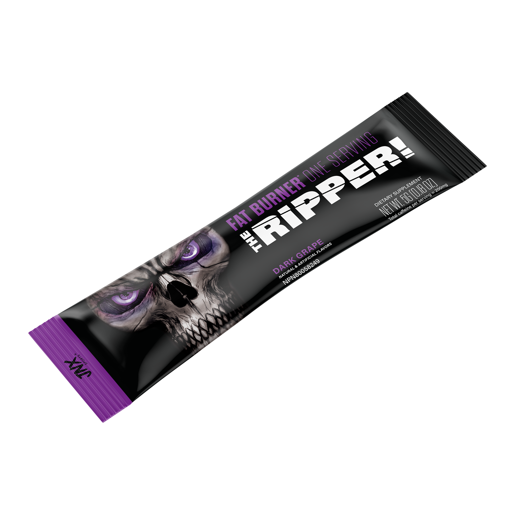 The Ripper! Stick fat burner single serving sachet in black and purple packaging with skull design and white text