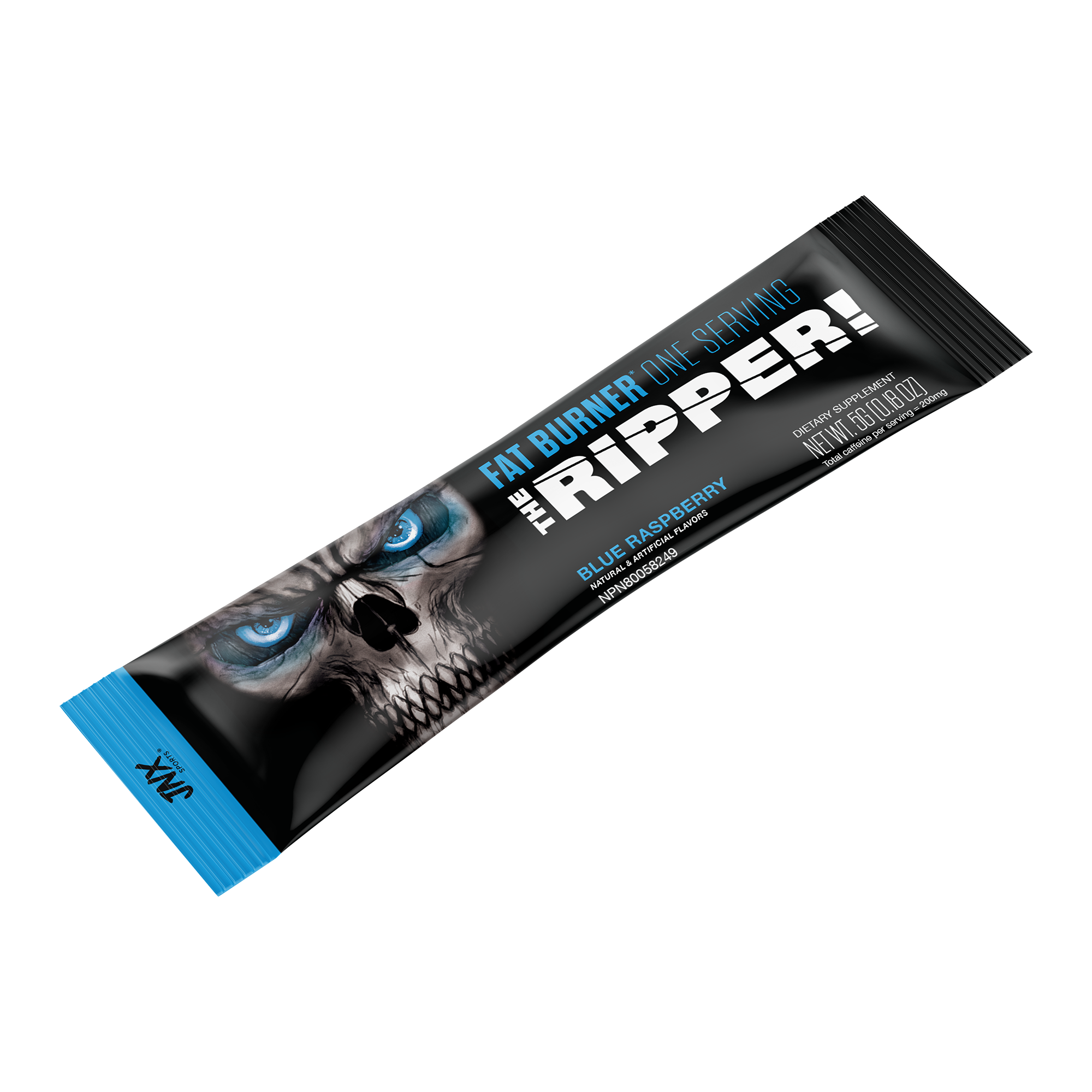 The Ripper! Stick fat burner stick in black and blue packaging featuring a skull with blue eyes and blue raspberry flavor